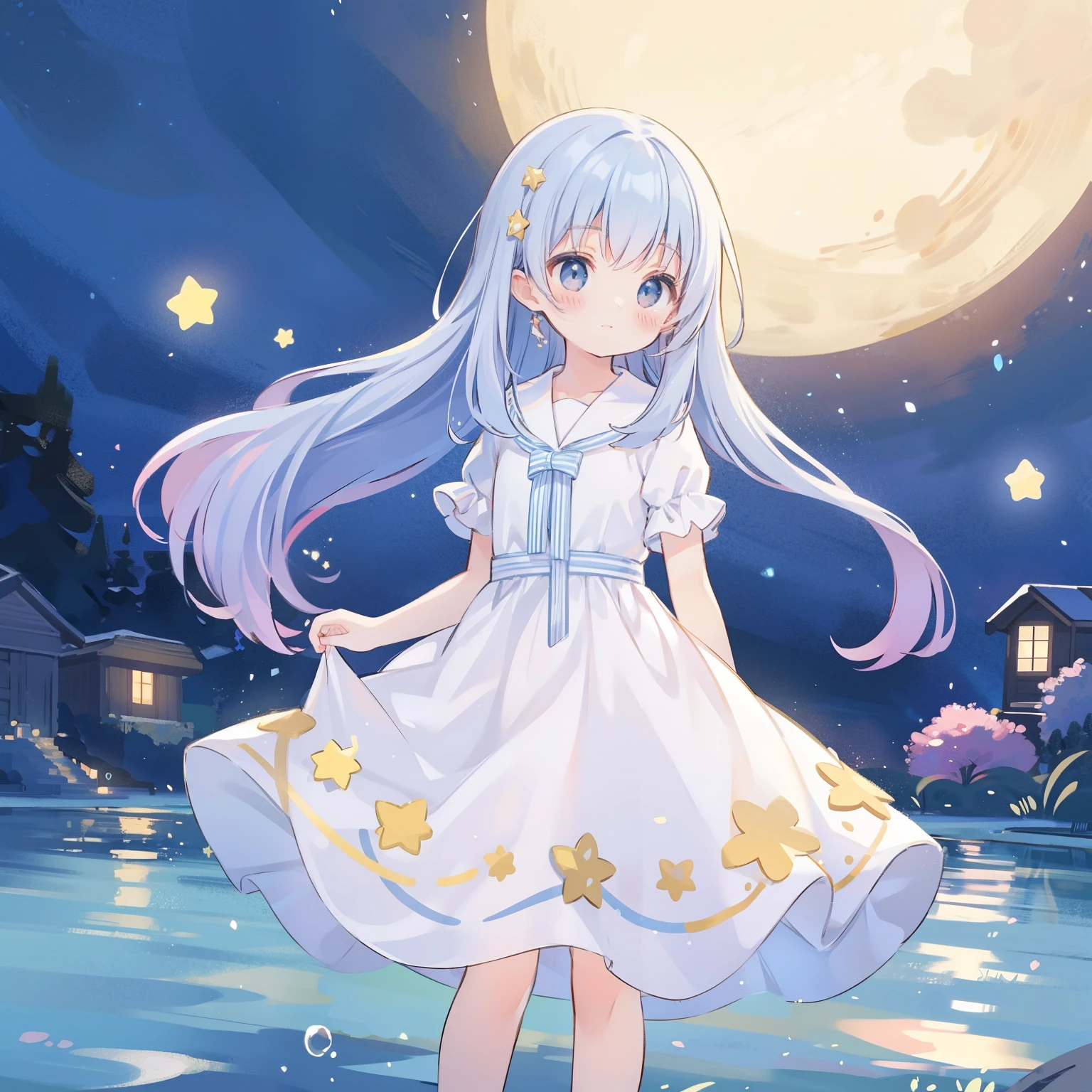 top-quality, tmasterpiece, 超高分辨率, beautiful facial features, Graphic design, Son of Shoko, Ai Hoshino, simple backgound, Huge glowing cute star, Ziyu, Colorful, Cute girl standing in the water, starfield in background, Huge Full Moon, water ripple, Beautiful simple and elegant white dress