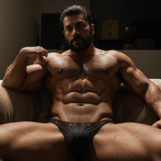 Mexican, Mexican luchador, muscular, posing laying down, dark background, cenital illumination, tan skin, hairy, masculine, 40 years old, full body posing, bearded, wearing beige underwear