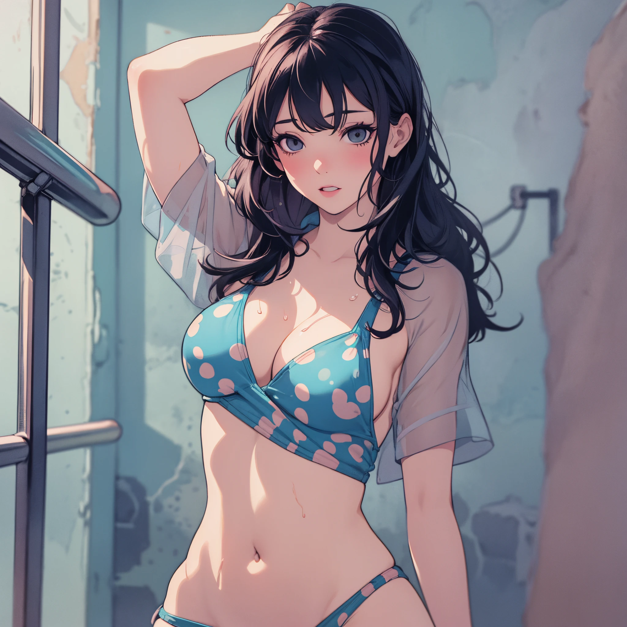 (risograph) Sexy woman in cool pattern bikini, soaked, wet, transparent clothes, standing under a shower, foggy, bathroom, long hair, very sexy, wet hair, water drops on her flawless body, naked, embarrased, blushing