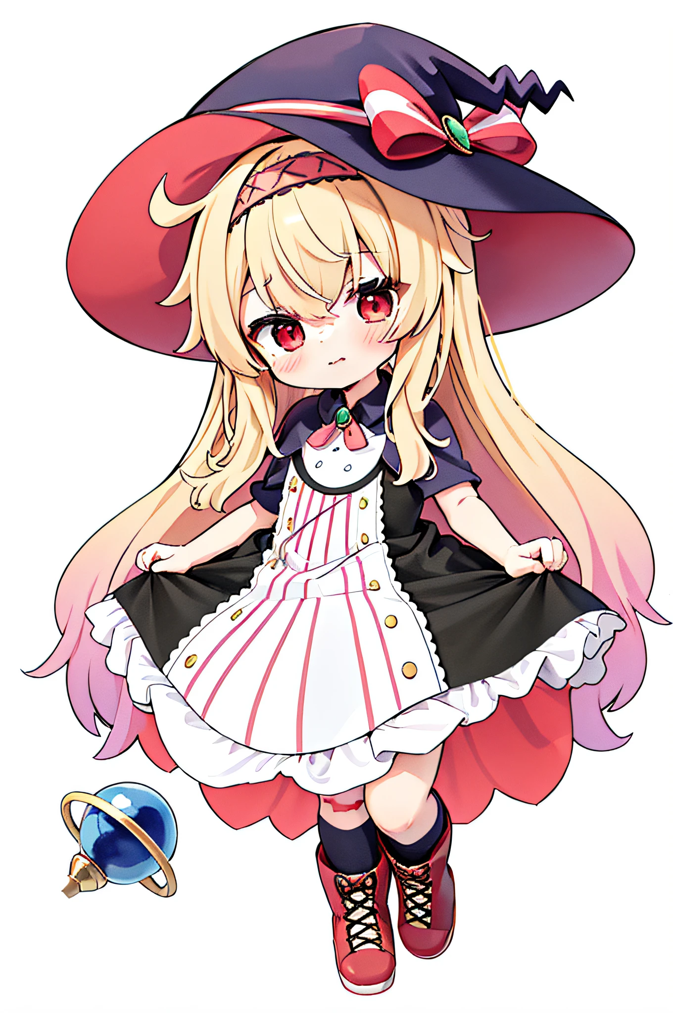 anime girl in a red and black dress and hat with a red bow, small curvy , lolidress, cute anime waifu in a nice dress, splash art anime loli, losmall  girl, ayakashin impact, zerochan art, marisa kirisame, from touhou, zerochan, touhou character, kirisame marisa, best quality,masterpiece,traditional media, marker_\(medium\),painting_\(medium\),watercolor_\(medium\),simple_background,1girl,witch,solo, full body,long hair, blonde hair, witch hat,red eyes,puffy sleeves,white_bow,dress,red_footwear,bow, short sleeves,boots,