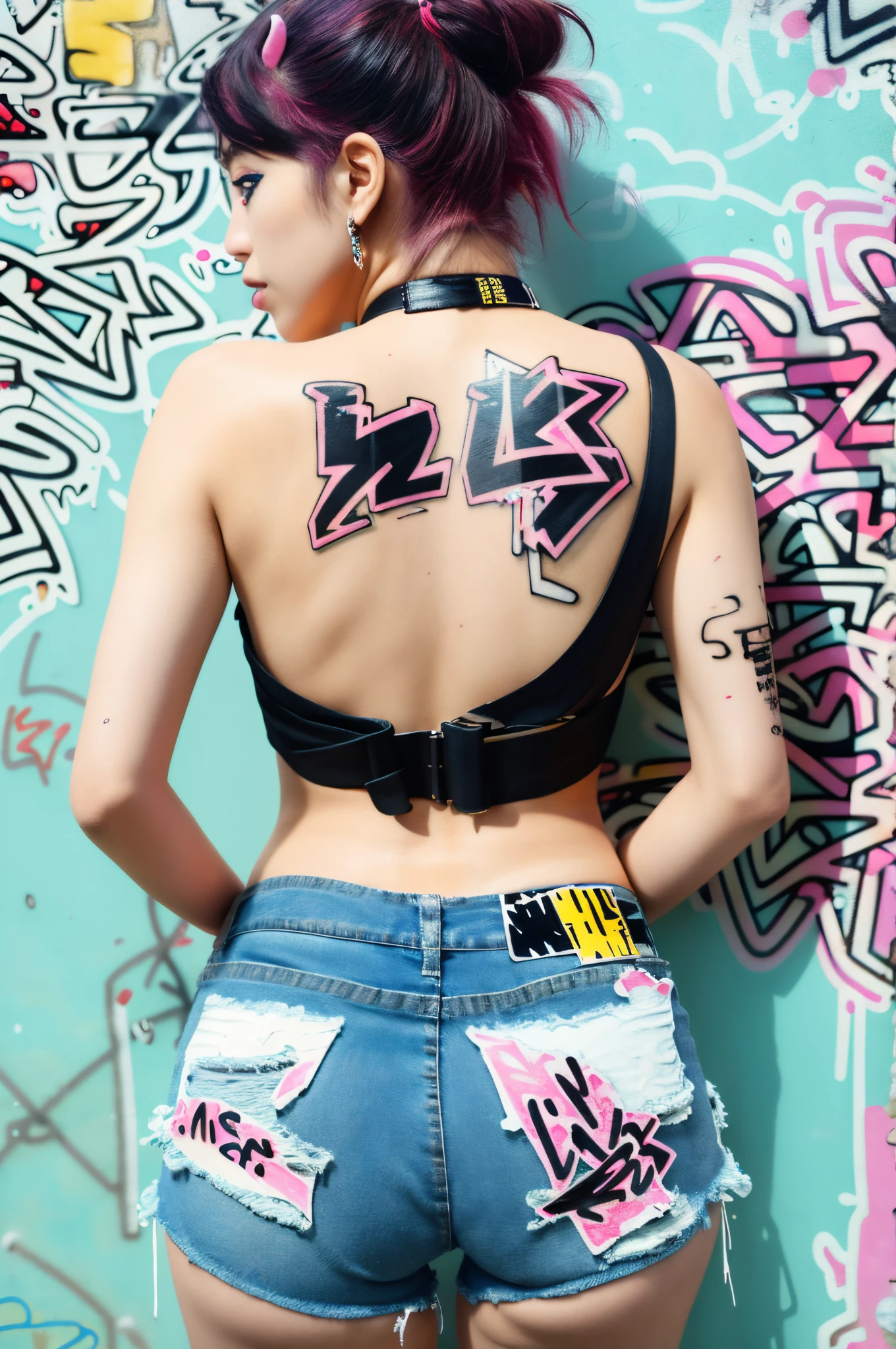 masterpiece, best quality, 1girl, solo, crop top, denim shorts, choker, (graffiti:1.5), paint splatter, arms behind back, against wall, looking at viewer, armband, thigh strap, paint on body, head tilt, bored, multicolored hair, aqua eyes, headset,