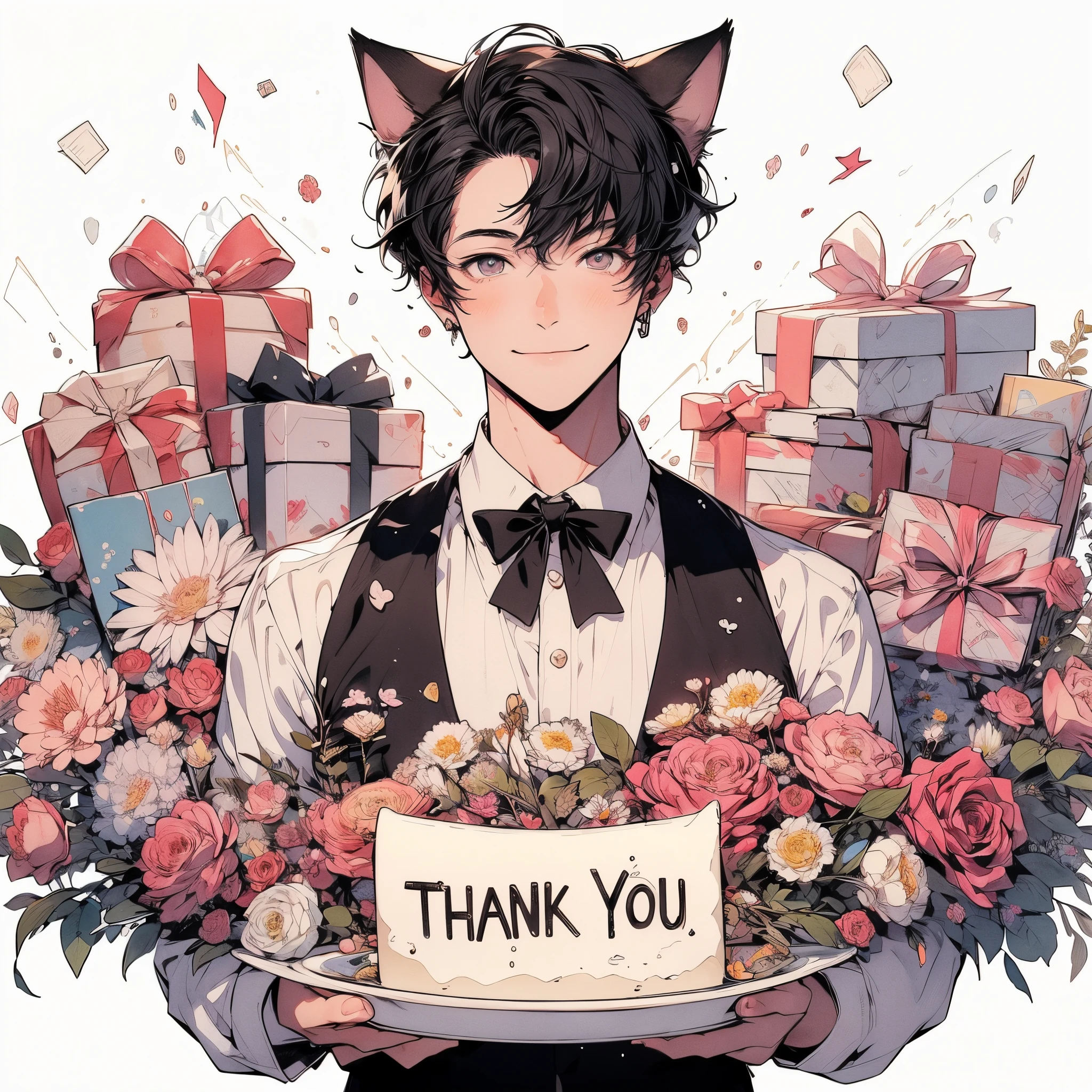 masutepiece, Highest image quality, Highest Quality, , Clear line drawing, Transparent watercolor, Clear shading, Beautiful young man, Front view, Dark hair, Short hair, Cat ears, holding a plate that says "appreciate", Mountains of gifts, celebratory flowers, and an incredible smile,High quality, amount of drawing, pixiv illustration