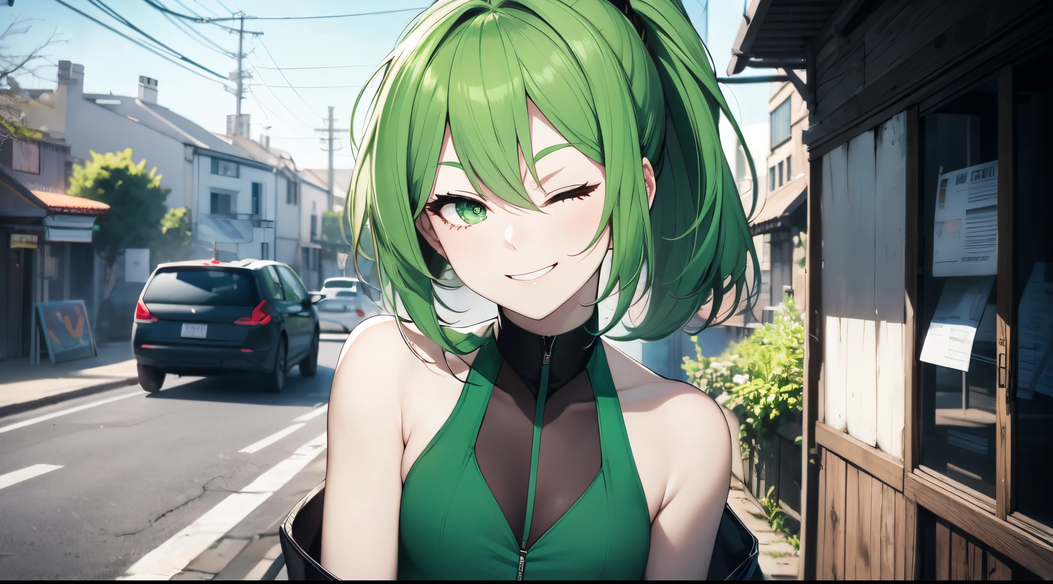 (masterpiece:1.2), (pale skin:1.2), (solo:1.2), (female:1.1), (emphasis lines:1.3), (bright_smile), outdoors, ponytail, green hair, vest, bare shoulders, green eyes, looking at viewer, cheerful, (winking:1.2), (one_eye_closed)