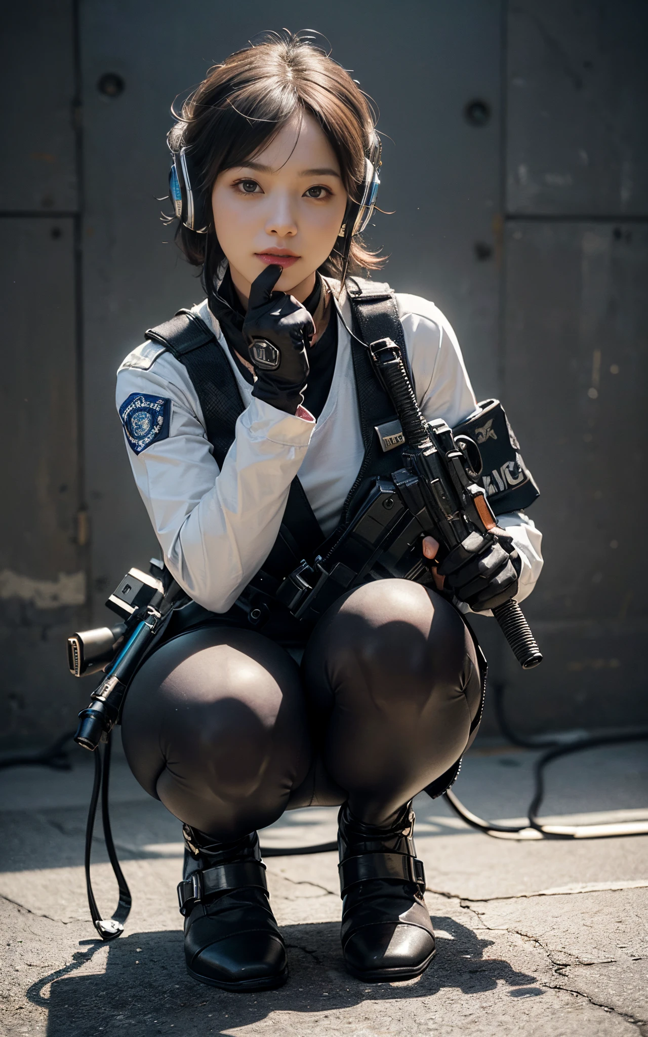 ((best quality, (masterpiece), photorealistic, photorealism, Photorealistic, high resolution)), 1girl full body, aiming with an assault rifle, another girl squatting behind, Combat pose, a bit chubby, (Detailed face), (wearing rash-guard likes police uniform, gloves, black and grey mecha, wearing futuristic-headset, black tights, military harness, holding a machinegun, carrying hich-tech-launcher), background grey wall, Fingers are occluded