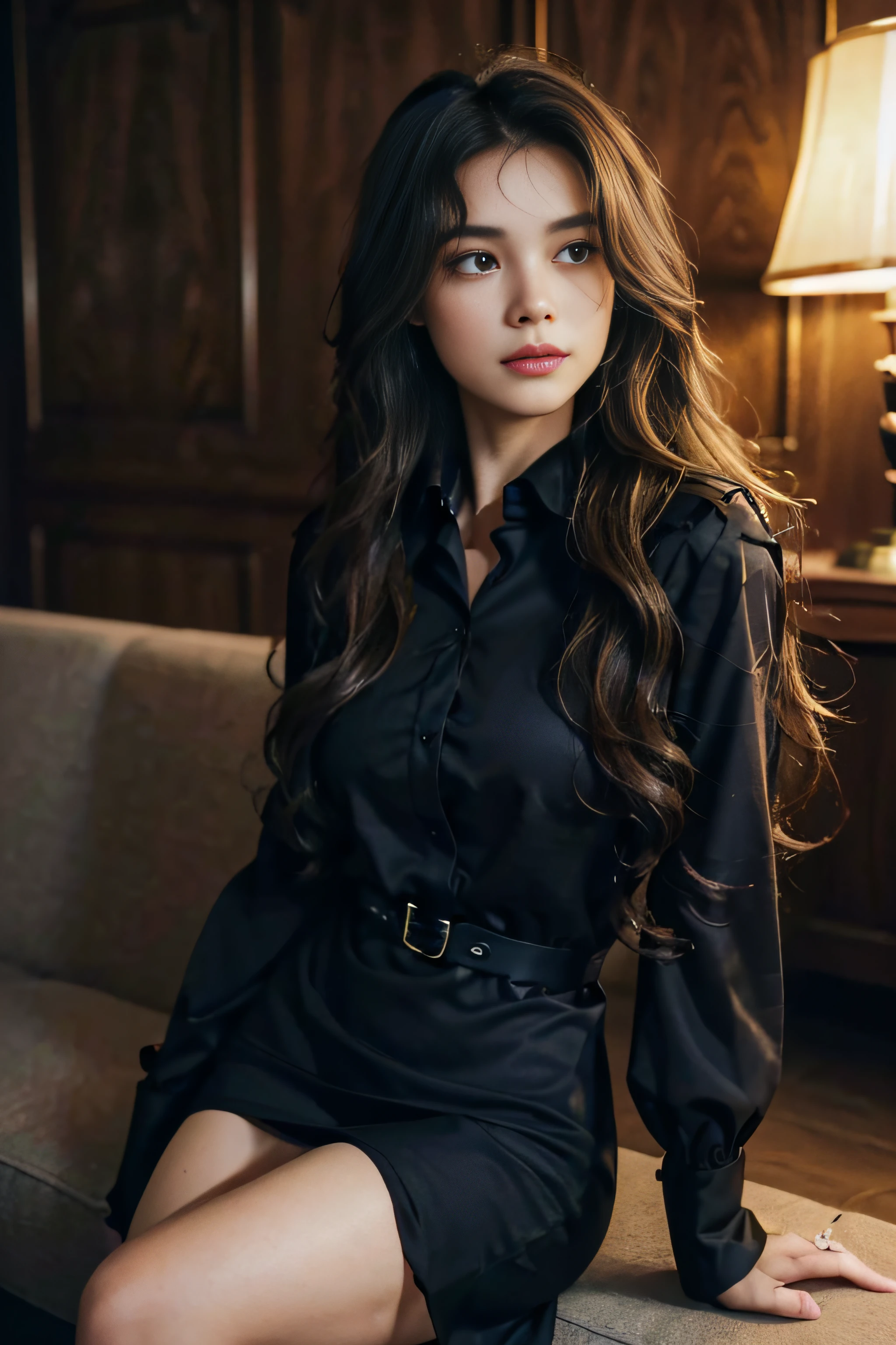 ((beautiful a girl:1.3)) ((Black Shirt Dress＿long-sleeve＿Collared:1.4)) ((In the hotel lobby:1.3)) ((Thin_fabric:1.4)) ((Waiting for people＿Standing and crossing your legs:1.3)) ((her face is flushed、hair is loosely curled.:1.2,ikun:1.4)) ((breasts:1.2)) ((close-up:1.2)) Best Quality,masutepiece,超A high resolution,(Photorealistic:1.4),Raw photo,(Authentic skin texture:1.3),(Film grain:1.3),the panorama,Character Portrait,Very Wide Shot,Narrow waist,Cowboy Shot,(In the Dark, deepshadow, lowkey, cold light,) Night,((Loosely wavy hair:1.2)),Streaming Tears,,Dust,Tindall Effect,(expression),1girl in,beautiful detailed eyes and face,White Jabot,Brown eyes,((brown super long hair:1.2)) ((Smile:1.3))