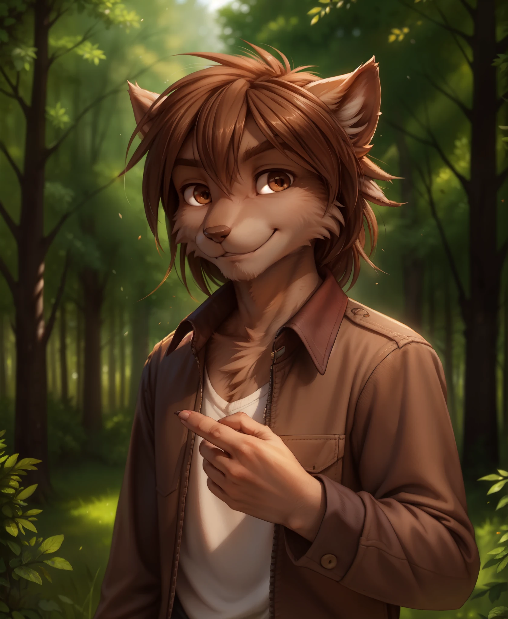 by kenket, by totesfleisch8, (by thebigslick, by silverfox5213:0.8), (by syuro:0.2),, zen-twokinds, twokinds, by tom_fischbach,, (best quality, masterpiece:1), solo, furry male anthro, brown eyes, medium hair, fingers, finger claws, looking at viewer, wolf tail (outdoors dark forest trees blurry blurred background:1.1),