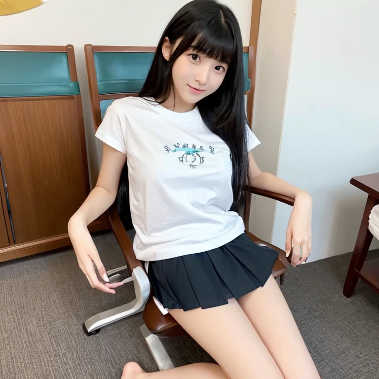 An ultra-high picture quality、Perfect Photo、Japan beautiful girl、、female high-school student、Slender body、Black hair Long hair、With bangs、Cute room、Own room、Sit on a chair、Raised mini skirt、Stretch comfortably、Wearing only a plain white T-shirt、Gaze from the floor、Nokezoru、Adored expression、It hurts a lot、Dazzling、Looks very dazzling、((Stand up on one knee))、(Put one foot on the chair)、ankle、white sock、drawing knee up、raise her legs、(((You can see white panties through the gap in the skirt..)))、from the front side、
