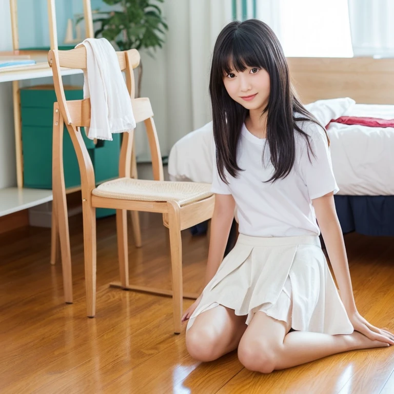 An ultra-high picture quality、Perfect Photo、Japan beautiful girl、17 age、female high-school student、Slender body、Black hair Long hair、With bangs、Cute room、Own room、Physical education sitting、Stretch comfortably、Wearing only a plain white T-shirt、look up to、Nokezoru、Adored expression、It hurts a lot、Dazzling、Very dazzling、