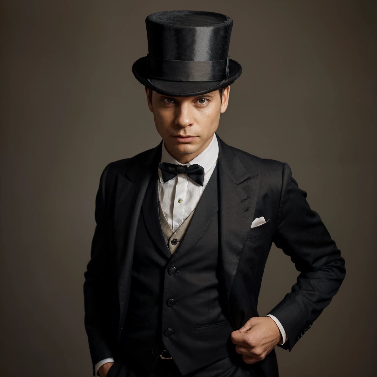 Portrait style Standing humanoid frog wearing a suit and top hat