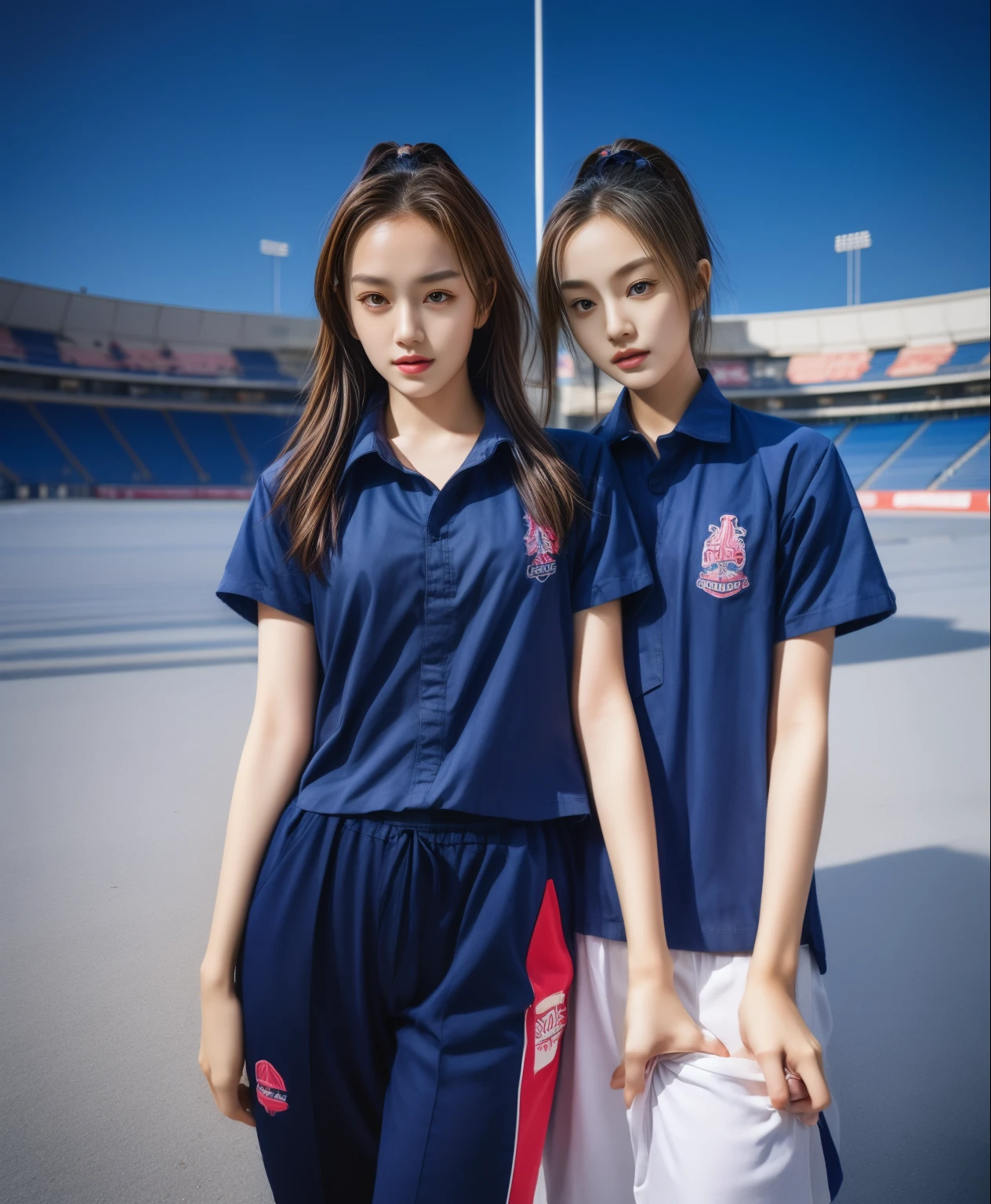 (bestquality,10,10,highres,masterpiece:1.2),ultra-detail,(Realistic,photorealistic portrait,photo-realistic:1.37),1 Cute girl in the football field,oily shiny skin,bara,light smile,BDclothes,((blue shirt:1.3)),short sleeves,shirt, trousers.,(navy_long_Pants Track:1.1), ((Stadium Background:1.3)),dynamic angle,excited,face focus,Dynamic Poses,from behide,Ass Focus,masterpiece, bestquality, ultra realistic, hyper-detail, 8k resolution, RAW photo, crisp focus, ((Navy blue shirt:1.1)), short sleeves, Long Path, Perfect body, 2 mature women, 18yo, cinematic light,Blue sweatpants,Gymware,Correct anatomy,Complete body, Correct body, sharp face, Anatomically correct body, full entire body, Realistic gestures, long-haired, Realistic poses,Wear long shorts..............................,Long leg span,Shapely,Sculpting Girl, Slender Figure, mannequin mannequins, Shapely, Beautiful body,Blue sweatpants, Two girls kissing