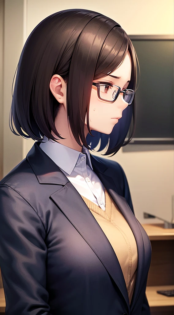 in the office, profile, face, soro brown bob hair woman, closed eyes:1.4, glasses, in a casual suit, serious face, sweat profusely, looking down, masterpiece, beautiful detailed grow.