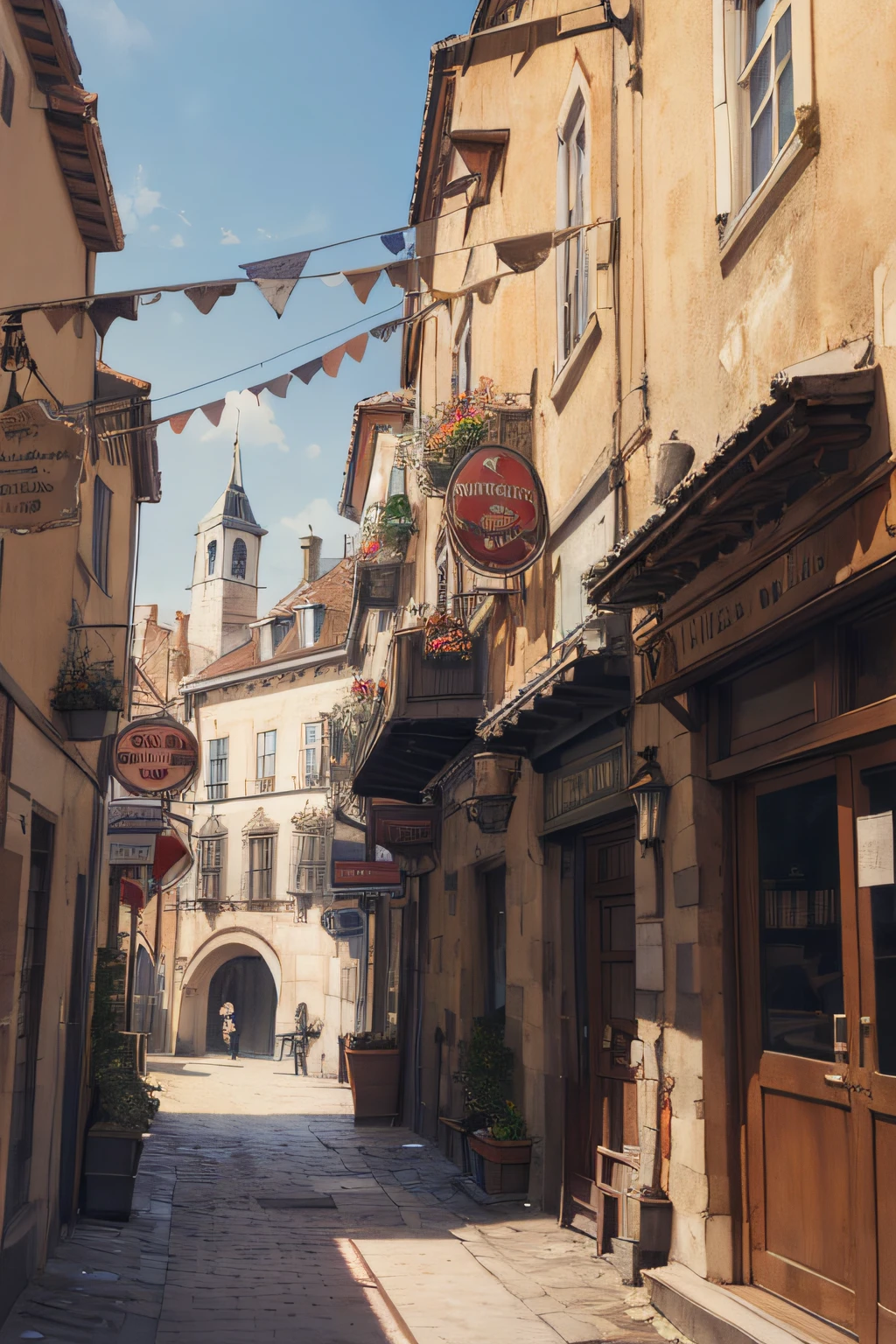 absurd highres, (no human:1.3), Outside view of a pub in a Medieval City with buildings of marble and wood , beige colors , sun light