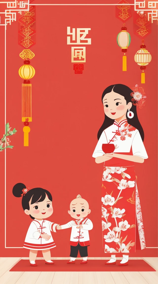 Chinese New Year Wallpapers for Instagram, Charming character illustration style, Light red and beige, lit child, Reference painting, Cranberry pits, Original characters, white backgrounid