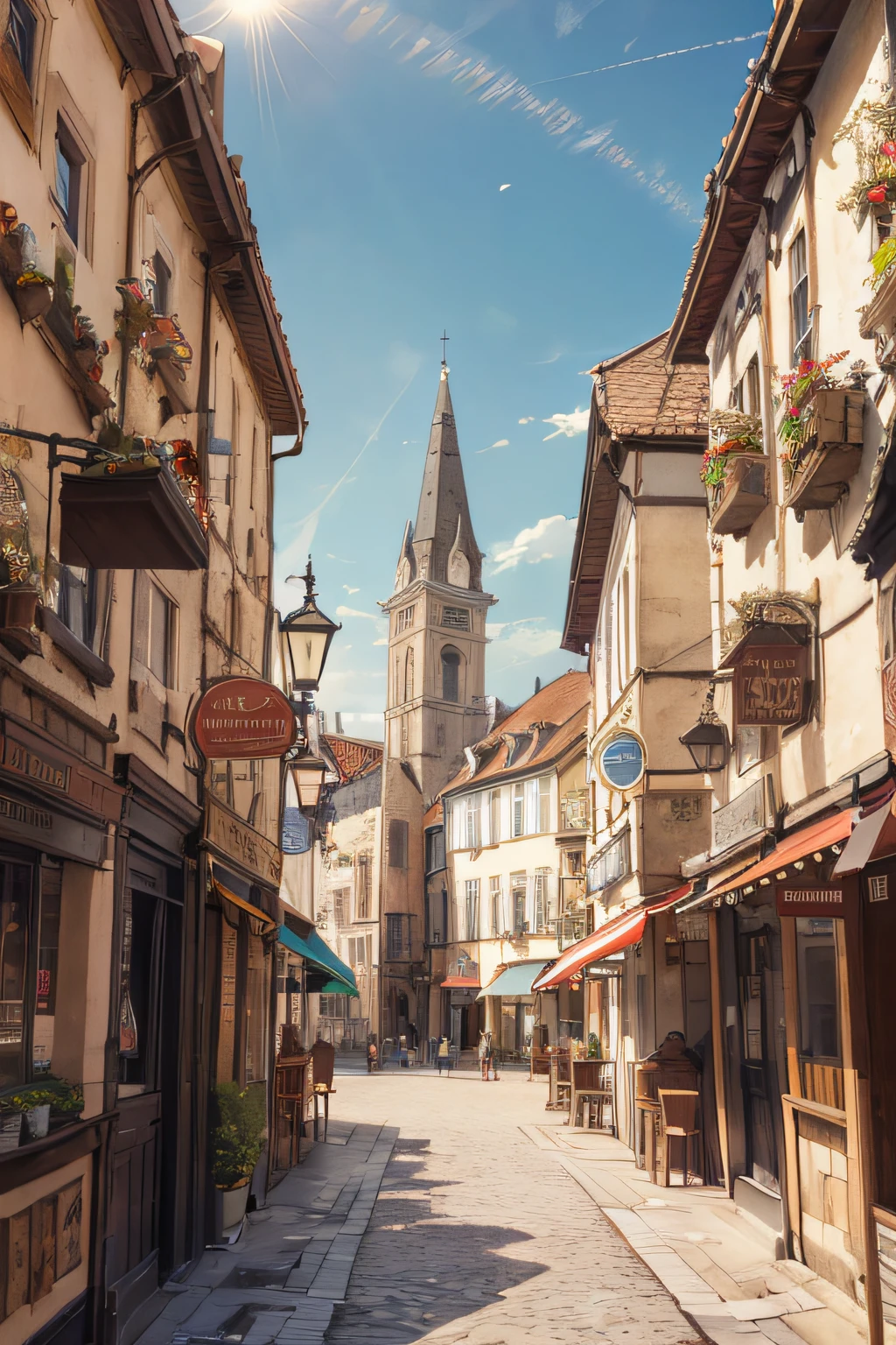 absurd highres, (no human:1.3), Front view of a pub in a Medieval City with buildings of marble and wood , beige colors , sun light