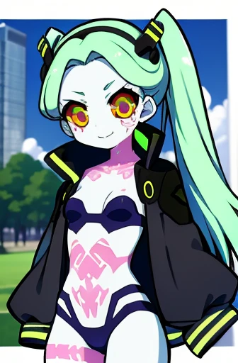 2000s anime cels style, Cartoon style of the 2000s, (flat color:1.2), vivid colors, retro anime, 2000s anime, 2000s anime, early 2000's inspired anime, early 2000's esthetics, rebecca, 1girl, colored sclera, red sclera, twintails, mechanical eye, solo, artificial eye, green hair, red pupils, colored skin, neck tattoo, jacket, tattoo, smile , cowboy shot, white skin, black jacket, underwear, black hairband, bra, hairband, headgear, outdoors, black bra, cyborg, stomach tattoo, long hair, green eye, closed mouth, partially unzipped, upper body, small breasts, yellow eyes, blurry background, red eye, leg tattoo, blue bra,
