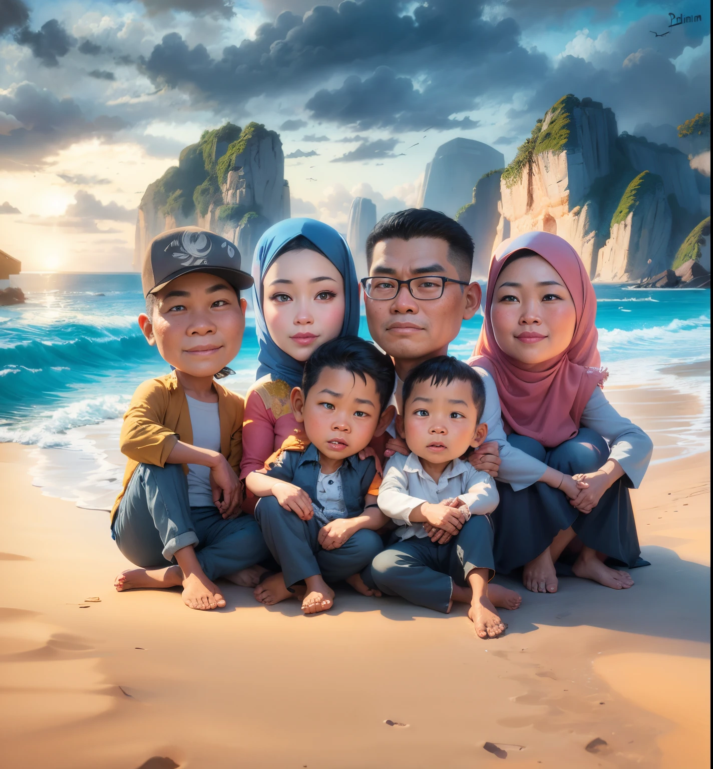 there are many people sitting on the beach together, cartoon digital painting, an indonesian mislim family portrait, background Beautiful seas and hills, in cartoon style, digital art cartoon, realism artstyle, cartoon artstyle, cartoon digital art, realistic cartoon, family, cartoon art, potrait, digital cartoon painting art, by Abidin Dino, caricature illustration, full protrait, cartoon art style, caricature style