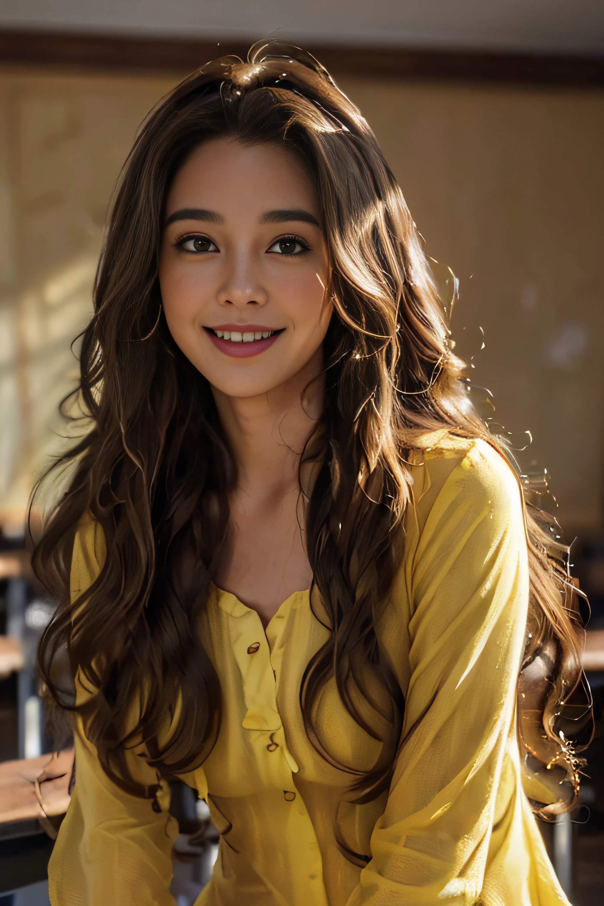 ((beautiful a girl:1.3)) ((yellow shirt dress:1.5))  (((Smile:1.2)) ((medium udder:1.2)) (Don't look here) ((close-up:1.1)) Best Quality,masutepiece,超A high resolution,(Photorealistic:1.4),Raw photo,(Authentic skin texture:1.3),(Film grain:1.3),the panorama,Character Portrait,Very Wide Shot,Narrow waist,Cowboy Shot,(In the Dark, deepshadow, lowkey, cold light,) Night,((brown super long hair:1.2)),((loosely curled hair:1.2))Streaming Tears,,Dust,Tindall Effect,(expression),,beautiful detailed eyes and face,Brown eyes, ((Full body:1.3)) ((In the classroom)) ((Upper body:1.2))