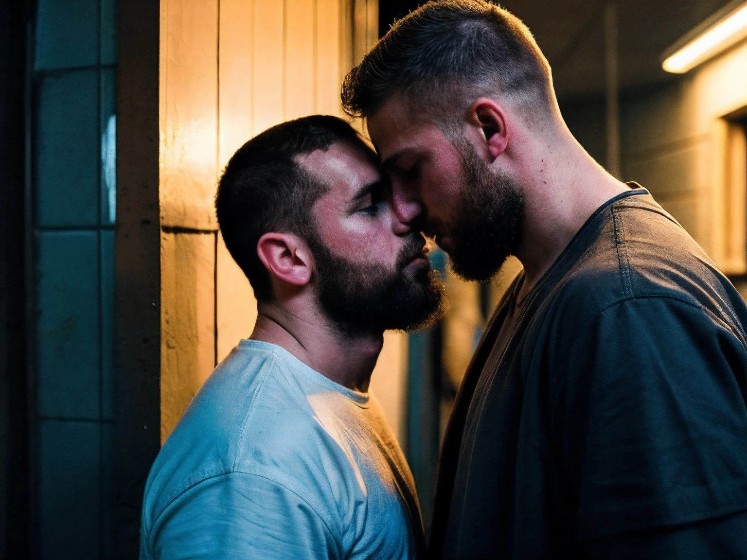 forbidden love, masterpiece, best quality, 2boys, adult males, beards, chavs, rough, dirty, Mancunian, mean, bullies, druggies, skinheads, in the neighbourhood, , soft kiss , realistic, dramatic lighting, atmospheric, intricate detail,