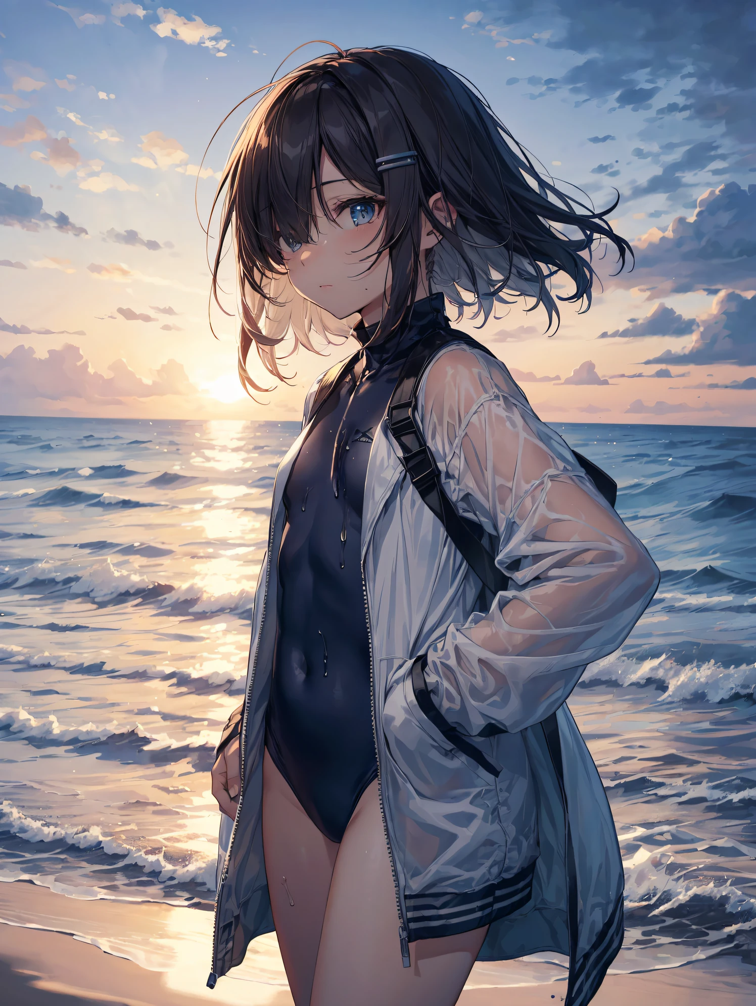 of the highest quality, anime moe art style,Best Anime 8K Konachan Wallpapers,Pixiv Contest Winner,Perfect Anatomy, BREAK,(Draw a picture of a girl in a swimsuit walking on the beach.),BREAK, 1girl is a beautiful girl with poor luck.,(Solo,Lori,child,13years:1.3),a junior high school student,Full limbs, complete fingers, Short hair, Forehead, (Hair over one eye:1.4),Small breasts, Small butt, Beautiful detailed eyes, well-proportioned student,groin, Wet, Shiny skin, Cowboy Shot, hair clips, Swimsuit, in beach.BREAK,Ultra-detailed,High resolution,super detailed skin,
AI best writing, Illustration,