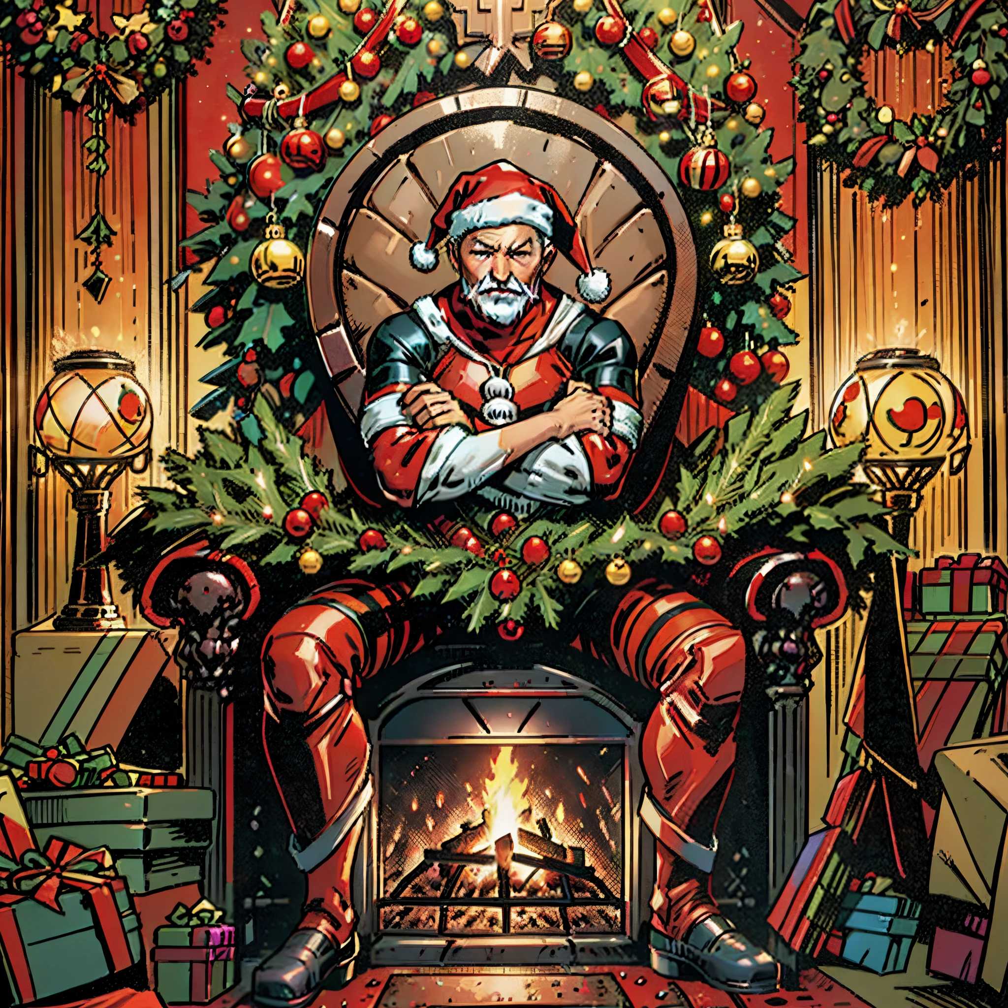 A festive and cozy scene in maximum 16K resolution featuring Deadpool dressed as Santa Claus. | Seated in a red chair, Deadpool relaxes near a crackling fireplace, surrounded by a lavishly decorated Christmas tree and numerous festive ornaments. The atmosphere is warm, with Deadpool adopting a relaxed pose and displaying his typical irreverent attitude. The festive setting is enhanced by soft lighting and the glowing effects of the ornaments. | The composition highlights the unique combination of classic Christmas elements and Deadpool's distinctive personality, creating a scene that is both traditional and surprisingly peculiar. The camera captures Deadpool's relaxed expression, adding a touch of humor to the Christmas scene. | Deadpool in Santa Claus attire, seated in a red chair near a fireplace, with a Christmas tree and many ornaments | (perfect_pose), he is adopting a ((relaxed_pose as sits, comfortably in a red chair, near a fireplace, Christmas tree, and many decorations):1.3), ((full_body)), perfect_hand, perfect_fingers, better_hands, More_Detail --auto --s2