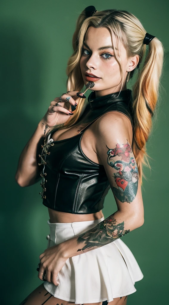masterpiece, best quality, ((Margot Robbie's Harley Quinn)), a woman long hair, fringe leather corset, black lipstick, tattoos, body full of tattoos shadowy castle background