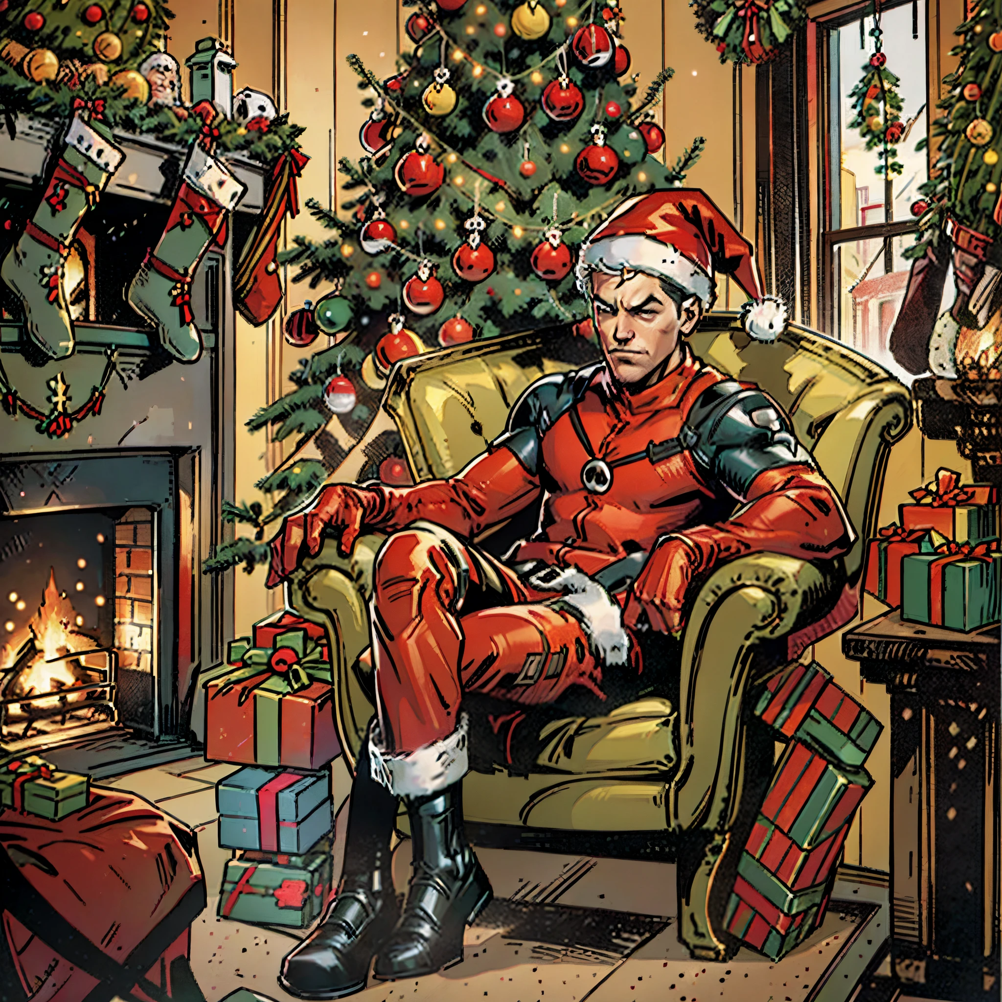A festive and cozy scene in maximum 16K resolution featuring Deadpool dressed as Santa Claus. | Seated in a red chair, Deadpool relaxes near a crackling fireplace, surrounded by a lavishly decorated Christmas tree and numerous festive ornaments. The atmosphere is warm, with Deadpool adopting a relaxed pose and displaying his typical irreverent attitude. The festive setting is enhanced by soft lighting and the glowing effects of the ornaments. | The composition highlights the unique combination of classic Christmas elements and Deadpool's distinctive personality, creating a scene that is both traditional and surprisingly peculiar. The camera captures Deadpool's relaxed expression, adding a touch of humor to the Christmas scene. | Deadpool in Santa Claus attire, seated in a red chair near a fireplace, with a Christmas tree and many ornaments | (perfect_pose), he is adopting a ((relaxed_pose as sits, comfortably in a red chair, near a fireplace, Christmas tree, and many decorations):1.3), ((full_body)), perfect_hand, perfect_fingers, better_hands, More_Detail --auto --s2