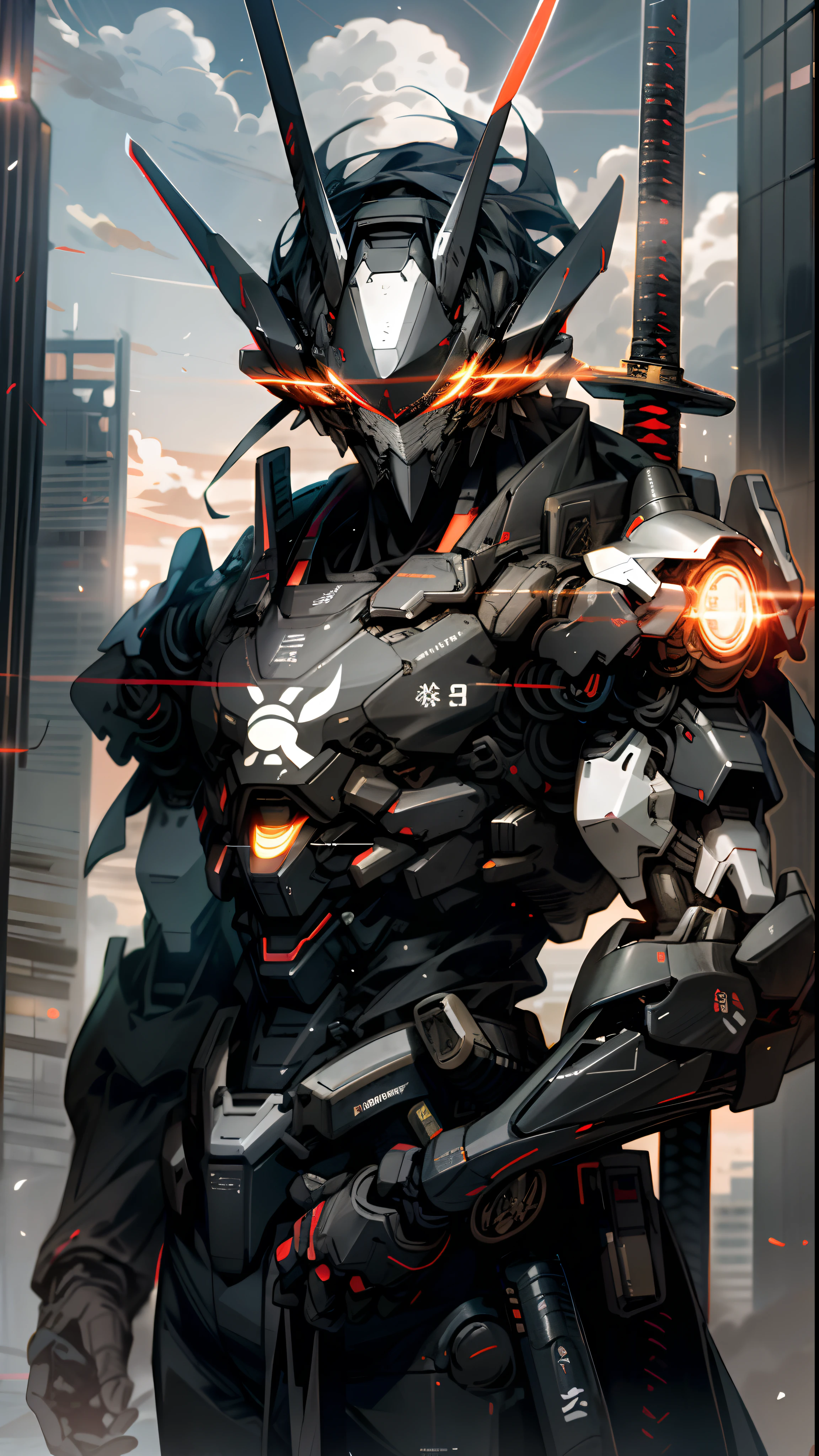 Cielo nocturno de rascacielos, nube, tenencia_arma, no_Humanidad, resplandecer, Robot ninja, Arquitectura, Science-Fiction, Urbano, Realidad Parte superior del cuerpo recta Cuerpo brillante Ojos rojos brillantes sosteniendo una espada(Armas Tachi) un hombro ancho --v6