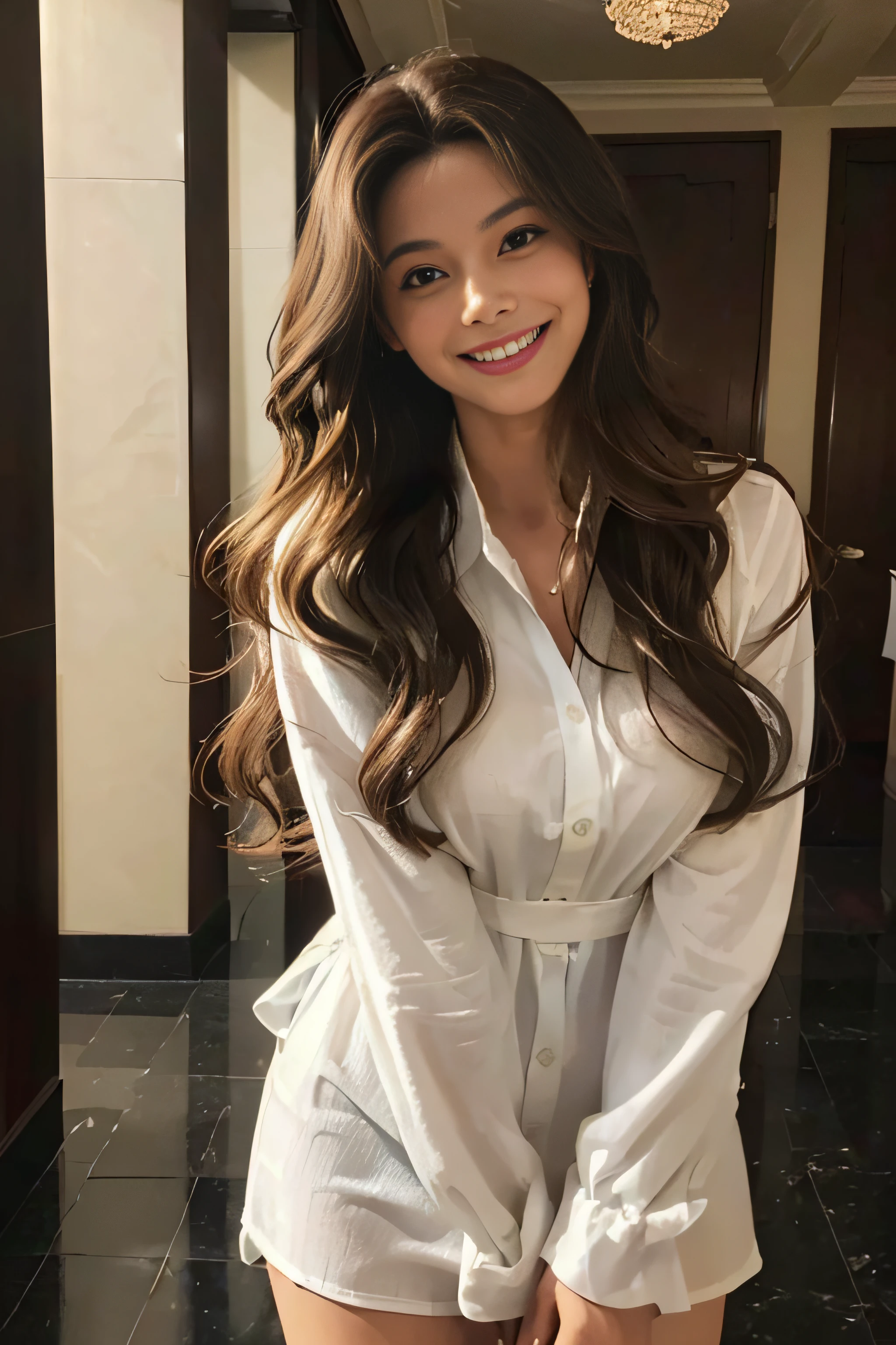 ((beautiful a girl:1.3)) ((Clean white shirt dress_long-sleeve_Collared:1.4)) ((In the hotel lobby:1.3)) ((Thin_fabric:1.4)) ((Waiting for people_Standing and crossing your legs:1.3)) ((her face is flushed、hair is loosely curled.:1.2,ikun:1.4)) ((breasts:1.2)) ((close-up:1.2)) Best Quality,masutepiece,超A high resolution,(Photorealistic:1.4),Raw photo,(Authentic skin texture:1.3),(Film grain:1.3),the panorama,Character Portrait,Very Wide Shot,Narrow waist,Cowboy Shot,(In the Dark, deepshadow, lowkey, cold light,) Night,((Loosely wavy hair:1.2)),Streaming Tears,,Dust,Tindall Effect,(expression),1girl in,beautiful detailed eyes and face,White Jabot,Brown eyes,((brown super long hair:1.2)) ((Smile:1.3))