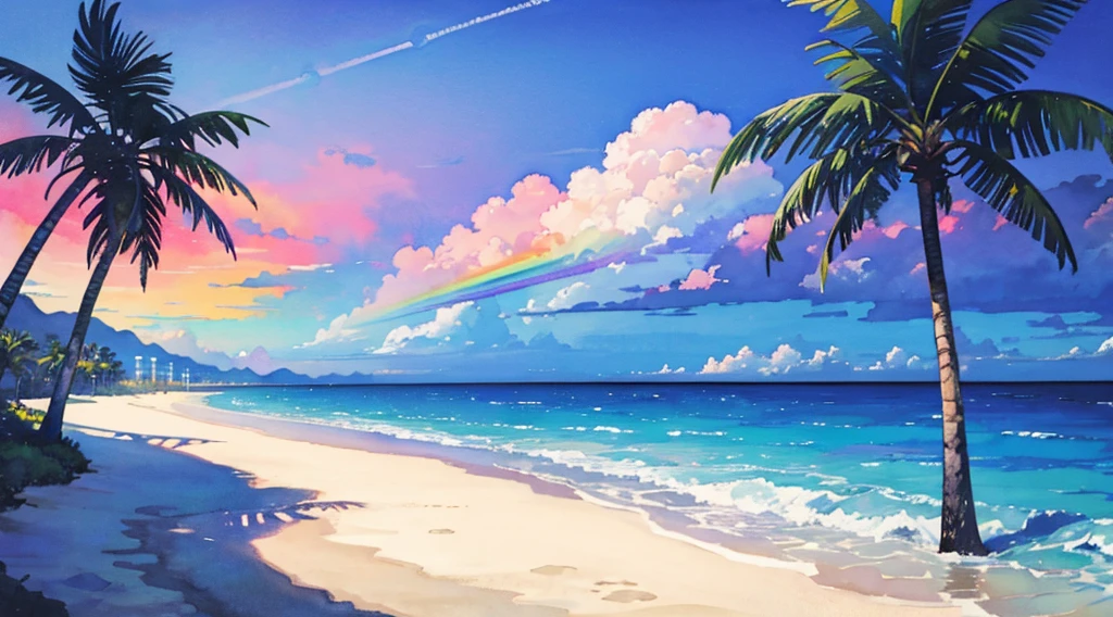 (watercolor), rainbow sky, big moon, beach, palm tree, white lowrider