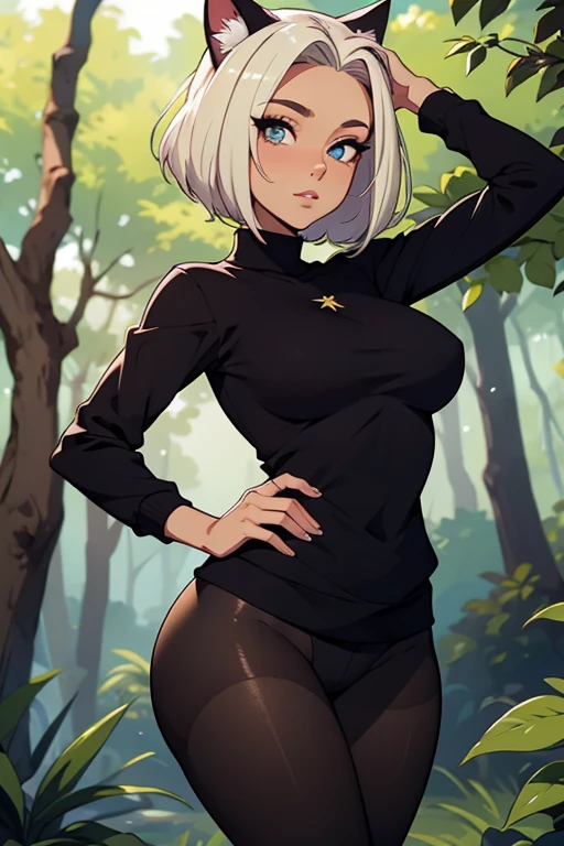 foto de corpo inteiro,cat ears on the head of a beautiful young woman wearing short hair, usando meias preta longas e sueter branco apertado,corpo inteiro na foto,floresta a noite varias luzes,belas coxas, coxas lindas belhos olhos verdes detalhados., sueter branco apertado,maio apertado , tight pantyhose, mini saia , ceu limpo a noite com estrelas numafloresta a noite,short curto linda jovem, olhos sedutores feminino.CABELO CURTO PRETO((CABELOS CURTO PRETO))