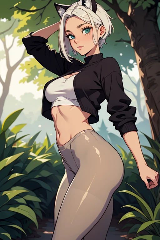 foto de corpo inteiro,cat ears on the head of a beautiful young woman wearing short hair, usando meias preta longas e sueter branco apertado,corpo inteiro na foto,floresta a noite varias luzes,belas coxas, coxas lindas belhos olhos verdes detalhados., sueter branco apertado,maio apertado , tight pantyhose, mini saia , ceu limpo a noite com estrelas numafloresta a noite,short curto linda jovem, olhos sedutores feminino.