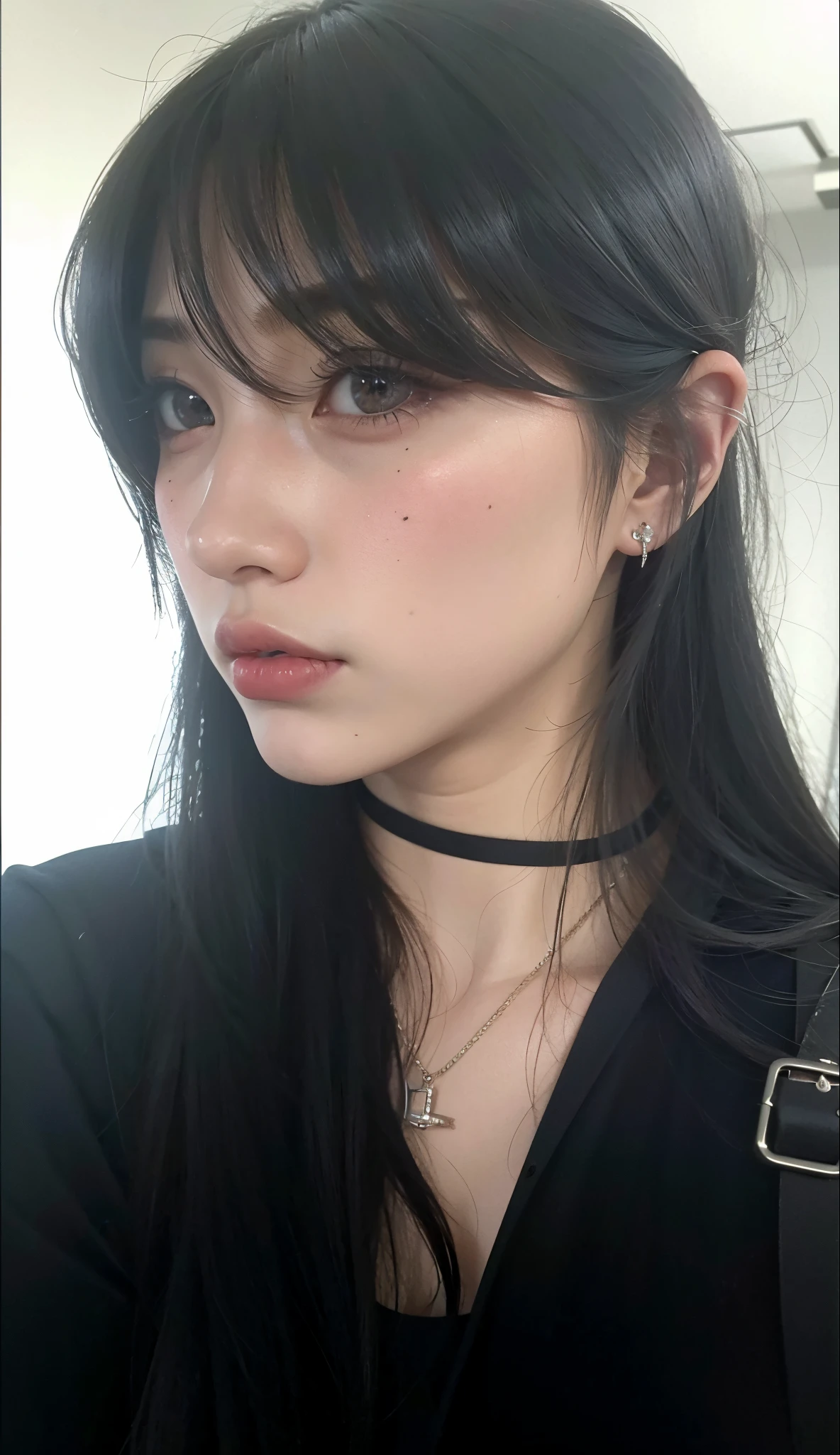 mulher arafada com cabelo preto e uma jaqueta preta e uma bolsa preta, Ulzzang, cruel korean goth girl, menina bonito-fino-cara, Ela tem cabelo preto com franja, cabelo blackbangs cabelo, usando gargantilha preta, Jinyoung Canela, Sui Ishida com cabelo preto, usando gargantilha, kanliu666, 🤤 retrato da menina, menina coreana