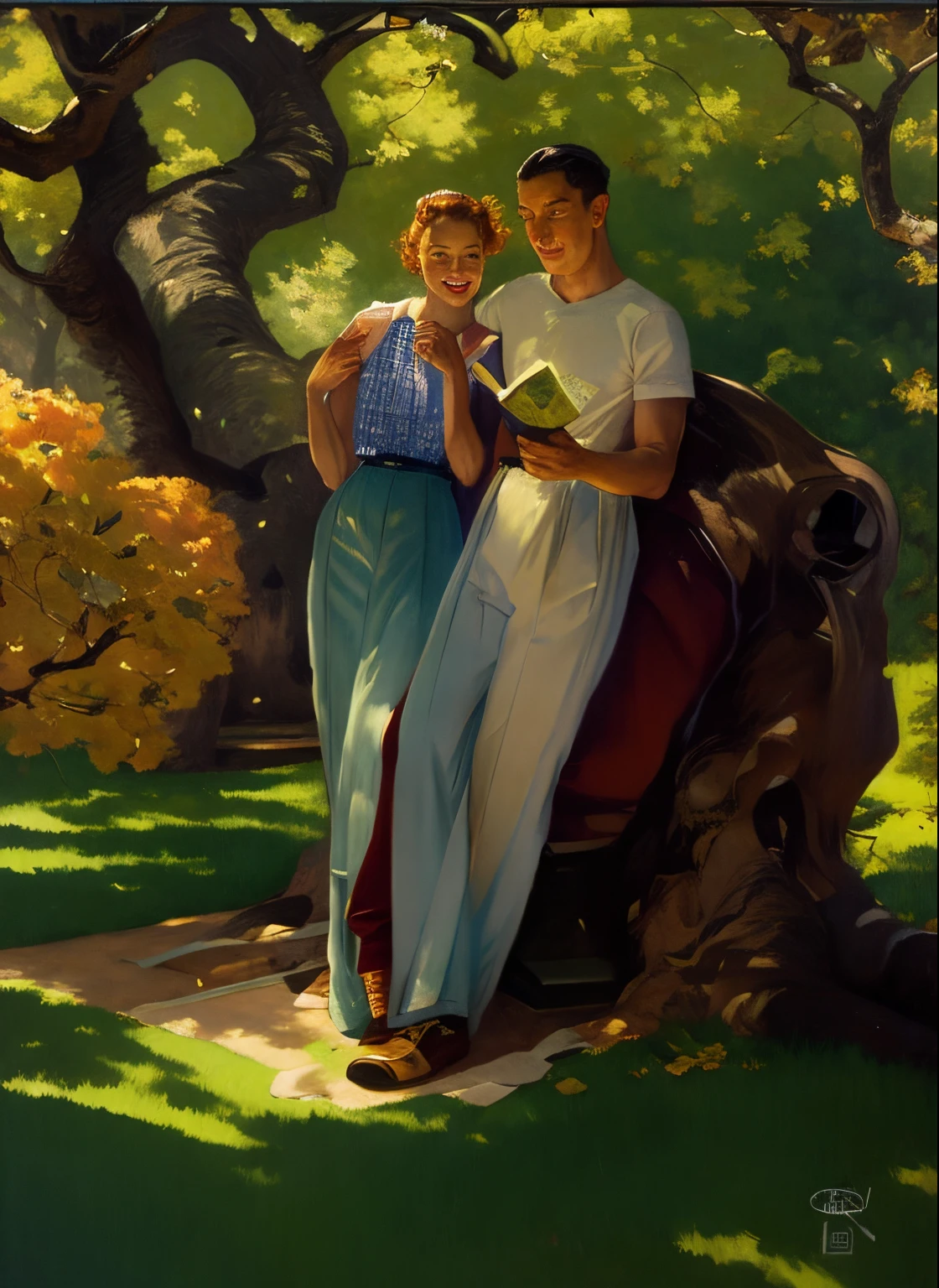 painting of a couple next to a tree with a book, Rhats e Lois van Baarle, rob rey and kentarõ miura style, Norman Rockwell e James Jean, Directed by: Aloysius O'Kelly, ( Arte Fitzpatrick ), Directed by: Pamela Ascherson, Directed by: John La Gatta, Nelson Kenton
