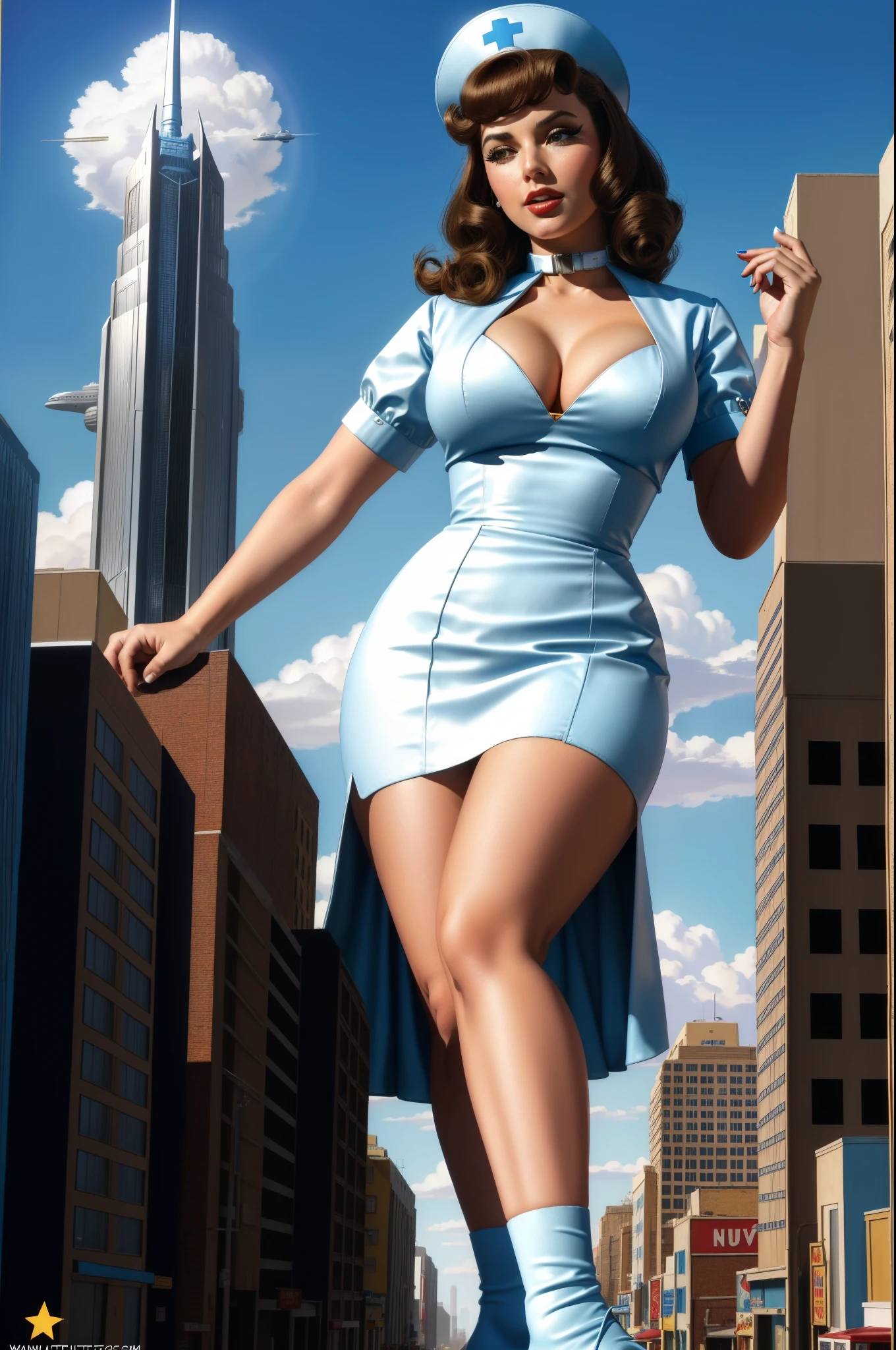 (Masterpiece, Best Quality), 8k Wallpaper, highly detailed, poster, vintage sci-fi film, 1960s, a magazine cover with sexy giant nurse towering over a tiny city, a portrait by Paul Kane, cinematic movie poster, perfect face, Attack of the 50 foot woman, giant woman, tiny city, lines, abstract, mid century modern, movie poster, vintage, white nurse uniform, stiletto high heel shoes, tiny destroyed skyscrapers city, retrofuturism, pulp sci fi, pulp sci-fi, 60's pulp illustration, scifi pulp, pulp book cover art, pulp scifi, old retro pulp comic cover, pulp science fiction, pulp scifi illustration, vintage scifi, skyscrapers sized under her knee