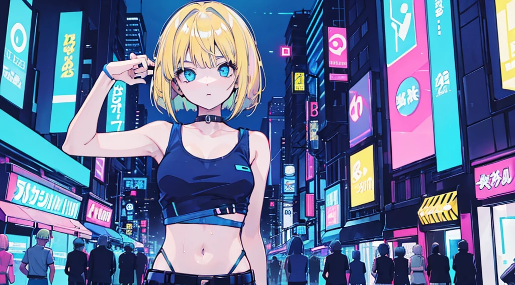 (1girl, blonde hair, bob cut, tank top), (blue cyberpunk store, blue neon)