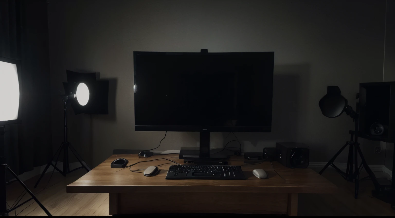 Create an ultra realistic, hyper detailed, 8k, masterpiece quality, zoomed in close up image of a macro crisp quality professional podcast studio background. The setting is minimalist with a dark theme. There's a high-quality, articulated microphone stand mounted to a desk on the right side, without the microphone. The studio is dimly lit with selective ambient lighting that highlights the texture of the dark wall, the point of view should be of someone entering the room in first person and at eye level so no ceilings and no floors, providing a focused and intimate atmosphere. No person or other furniture is present in the image, and the background should evoke a sense of quiet professionalism, suitable for a podcast or a video interview setup.