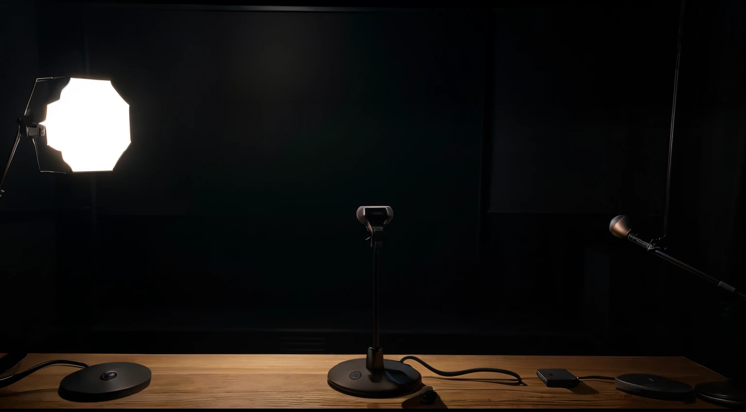 Create an ultra realistic, hyper detailed, 8k, masterpiece quality, zoomed in close up image of a macro crisp quality professional podcast studio background. The setting is minimalist with a dark theme. There's a high-quality, articulated microphone stand mounted to a desk on the right side, without the microphone. The studio is dimly lit with selective ambient lighting that highlights the texture of the dark wall, the point of view should be of someone entering the room in first person and at eye level so no ceilings and no floors, providing a focused and intimate atmosphere. No person or other furniture is present in the image, and the background should evoke a sense of quiet professionalism, suitable for a podcast or a video interview setup.