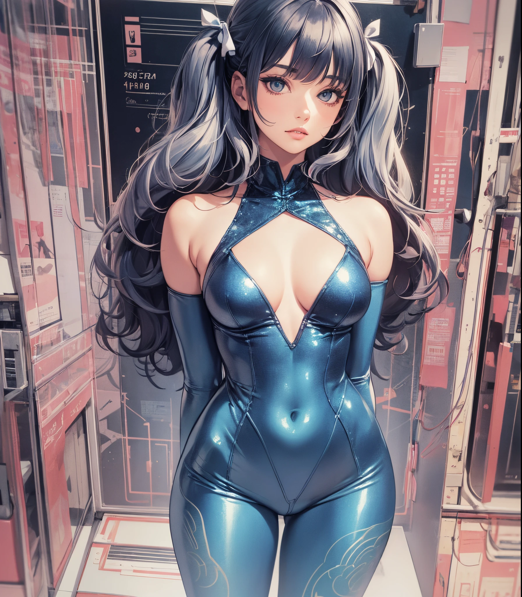 (masterpiece, best quality), beautiful woman, 23 years, soft light, blue jumpsuit, silver sequin, glitter, cleveage, long hair, long twintails, hairbows, black hair, alluring, big georgeous eyes, soft smile, perfect slim fit body, realistic background, empty apartment, standing, realistic background, bright colors, (risograph), full body shot, fullbody, medium breasts, solo, cleveage, sexy