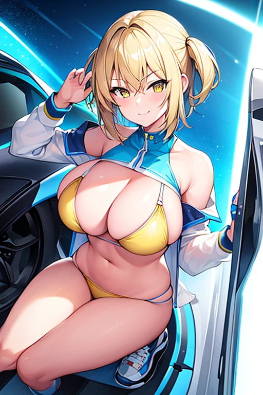 1girl, large breasts, breasts, thick thighs, wide hips, blonde hair, very short hair, short hair, yellow eyes, bikini, white bikini, neon trim, blue neon trim, smile, smirk, smug, machinery, futuristic, science-fiction, tech, shoes, sneakers, blue neon trim, blue trim, v-string, race queen, car, sports car, sport car, motor vehicle