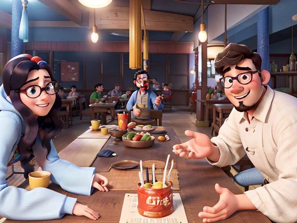 Pixar movie poster of young lovers taking pictures in a Chinese restaurant. Claros and Alljos Castaños Menu, ohwx、 Tem Bigode, beard and glasses