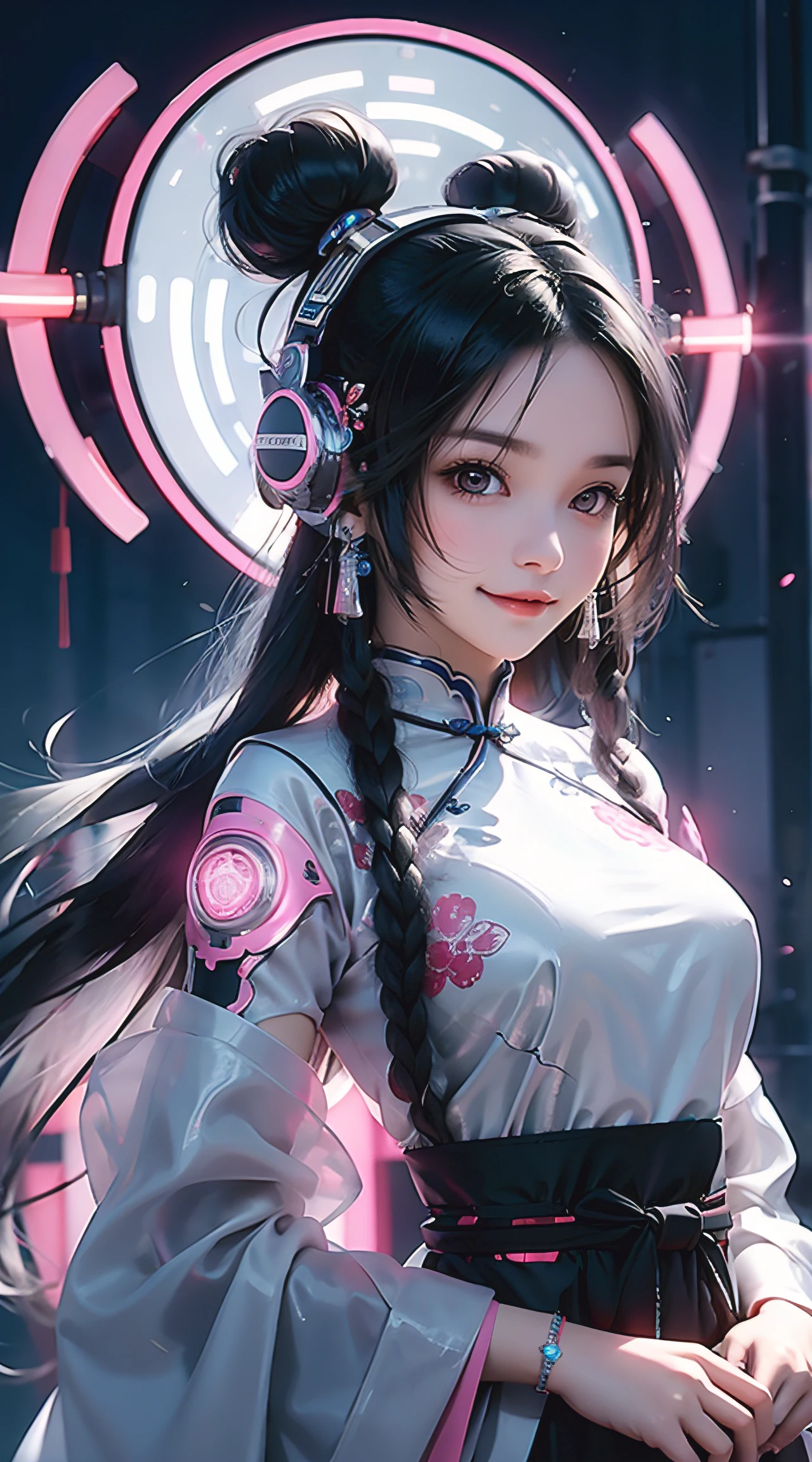 1 girl, Chinese_clothes, liquid silver and pink, cyberhanfu, cheongsam, cyberpunk city, dynamic pose, glowing headphones, glowing hair accessories, long hair, glowing earrings, glowing necklace, cyberpunk, high-tech city, full of mechanical and futuristic elements, futuristic, technology, glowing neon, pink, pink light, transparent tulle, transparent streamers, laser, digital background urban sky, big moon, with vehicles, best quality, masterpiece, 8K, character edge light, Super high detail, high quality, the most beautiful woman in human beings, smiling slightly, face facing front and left and right symmetry, ear decoration, beautiful pupil light effects, visual data, silver-white hair, hair is not messy, long hair over the waist, luminous electronic watch, deep eyes, happy, English doodling