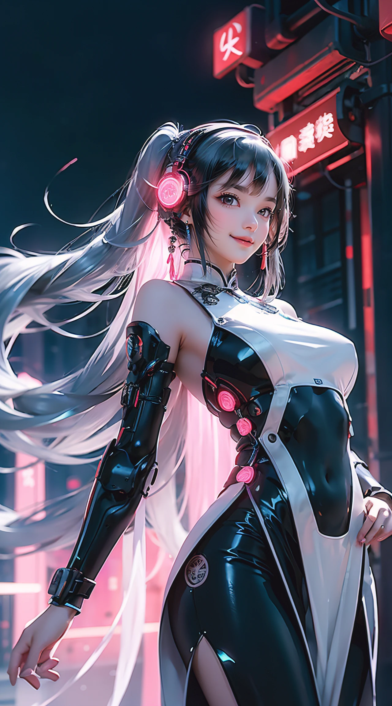 1 girl, Chinese_clothes, liquid silver and pink, cyberhanfu, cheongsam, cyberpunk city, dynamic pose, glowing headphones, glowing hair accessories, long hair, glowing earrings, glowing necklace, cyberpunk, high-tech city, full of mechanical and futuristic elements, futuristic, technology, glowing neon, pink, pink light, transparent tulle, transparent streamers, laser, digital background urban sky, big moon, with vehicles, best quality, masterpiece, 8K, character edge light, Super high detail, high quality, the most beautiful woman in human beings, smiling slightly, face facing front and left and right symmetry, ear decoration, beautiful pupil light effects, visual data, silver-white hair, hair is not messy, long hair over the waist, luminous electronic watch, deep eyes, happy, English doodling