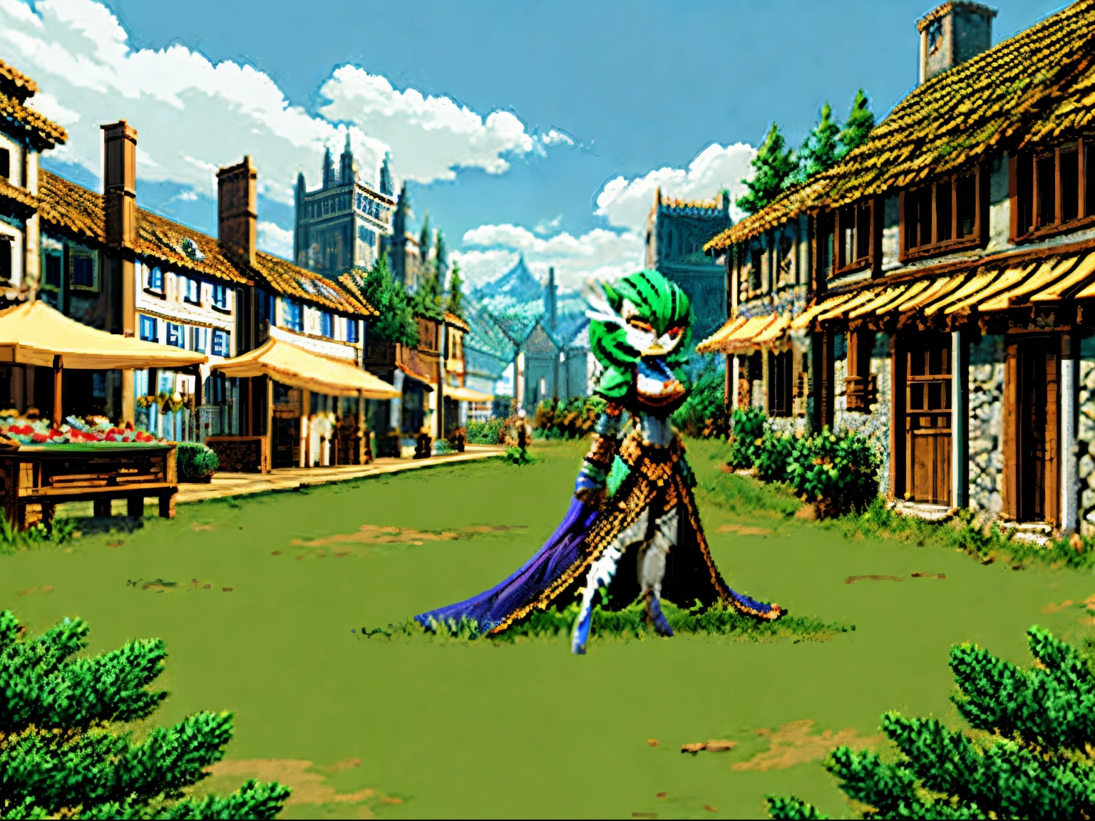 Gardevoir in plate armor standing in a medieval town, pixelated like an old vidoe game