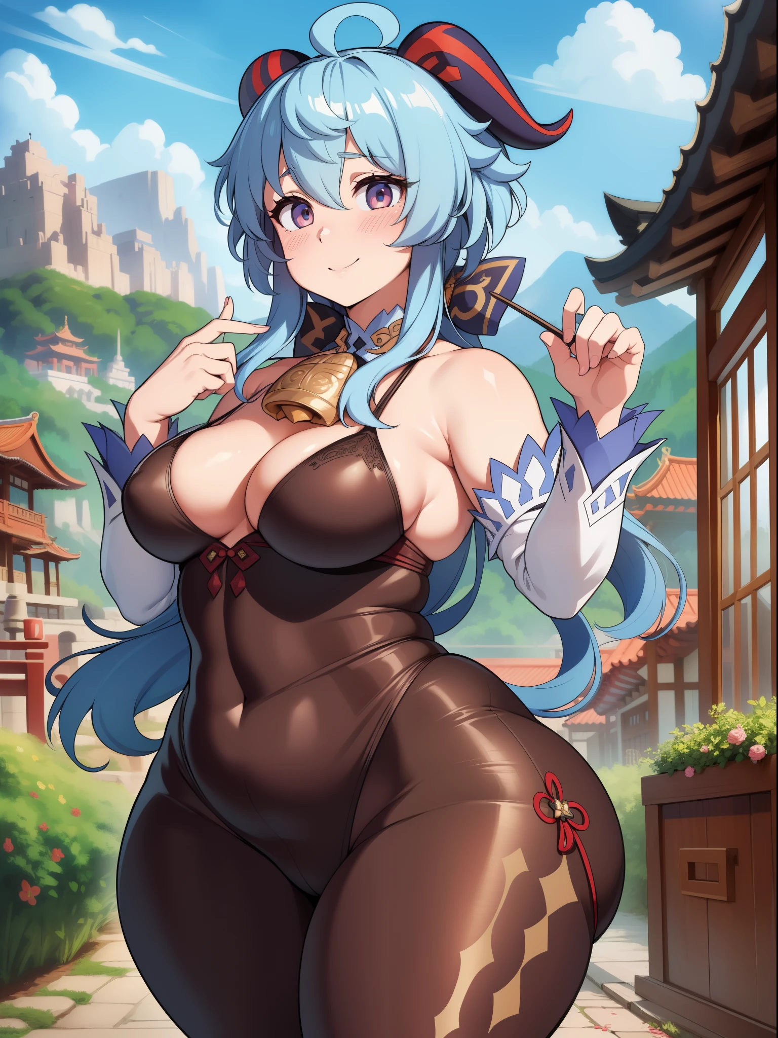 ((high res)), (Masterpiece), perfect anatomy, perfect shading, field of depth, (best quality), extremely delicate and beautiful, perfect lighting, detailed face, ultra cute face, cute, (cowboy shot 1.2), looking at viewer, full body, ((1girl)), ((solo)), genshin impact ((Ganyu)),
((blush)), shy, smile, (small ), ((wide hips)), ((thick thighs)), (chubby), curvy,
chinese architecture, temple, outside, mountains, intricate background, detailed background, cute pose,