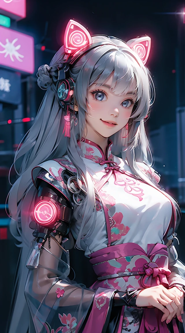 1 girl, Chinese_clothes, liquid silver and pink, cyberhanfu, cheongsam, cyberpunk city, dynamic pose, glowing headphones, glowing hair accessories, long hair, glowing earrings, glowing necklace, cyberpunk, high-tech city, full of mechanical and futuristic elements, futuristic, technology, glowing neon, pink, pink light, transparent tulle, transparent streamers, laser, digital background urban sky, big moon, with vehicles, best quality, masterpiece, 8K, character edge light, Super high detail, high quality, the most beautiful woman in human beings, smiling slightly, face facing front and left and right symmetry, ear decoration, beautiful pupil light effects, visual data, silver-white hair, hair is not messy, long hair over the waist, luminous electronic watch, deep eyes, happy, English doodling