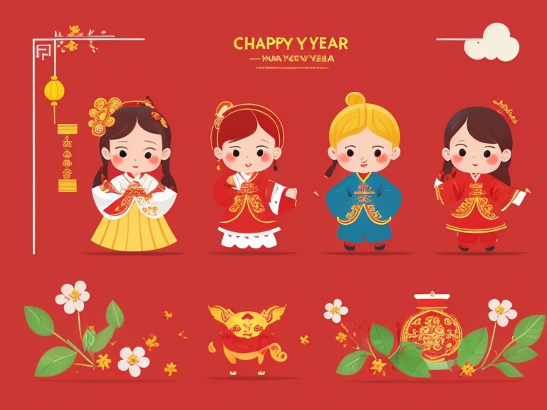 Chinese New Year Wallpapers for Instagram, Charming character illustration style, crimson and beige, lit child, Reference painting, Cranberry pits, Original characters, Chinese red background