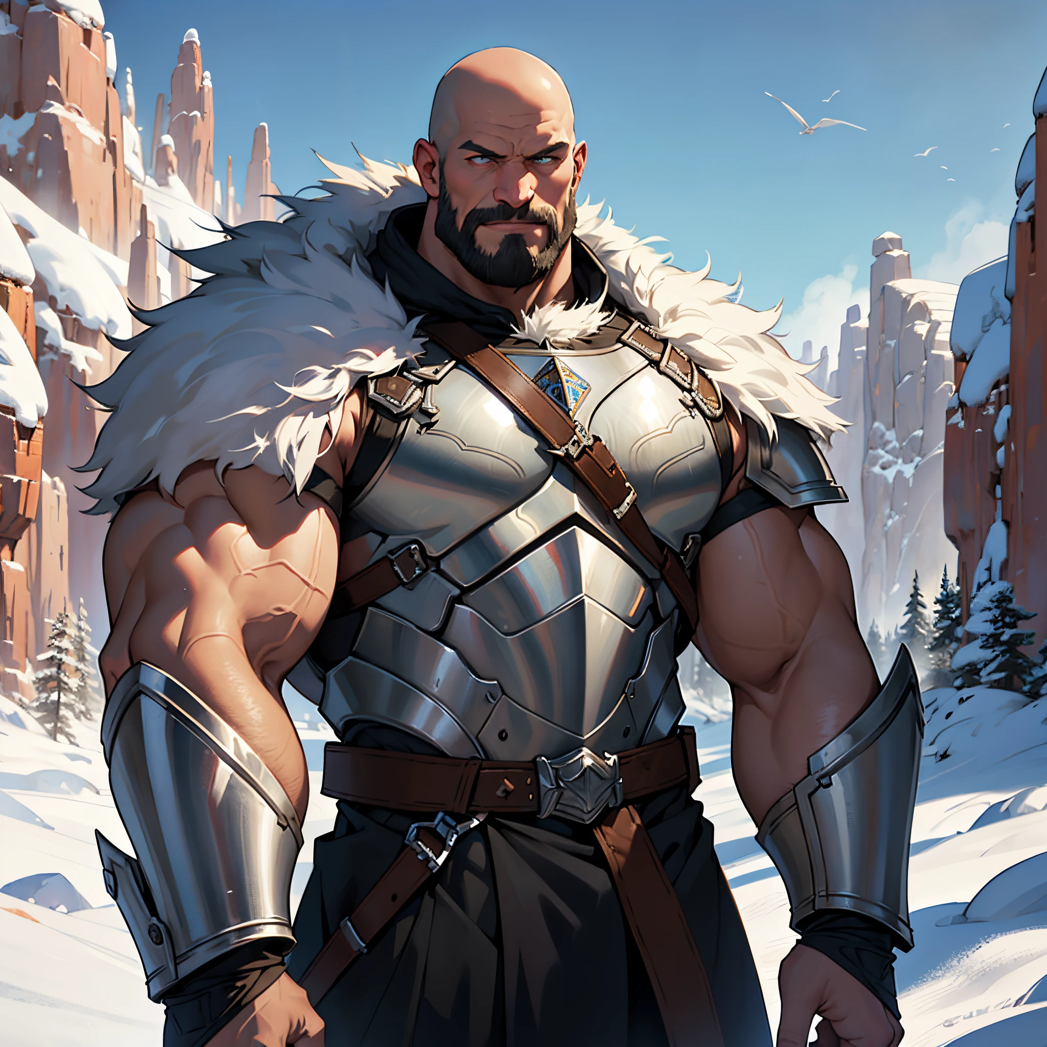 ​masterpiece, Best Quality, detailed, person upper body, Cinematics, 4k, Background with:field under snow canyon, Extra large giant warrior wearing steel armor and fur., (Bald Man, ugly)