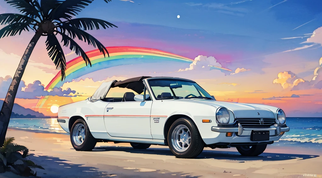 (watercolor), rainbow sky, big moon, beach, palm tree, white classic car, convertible