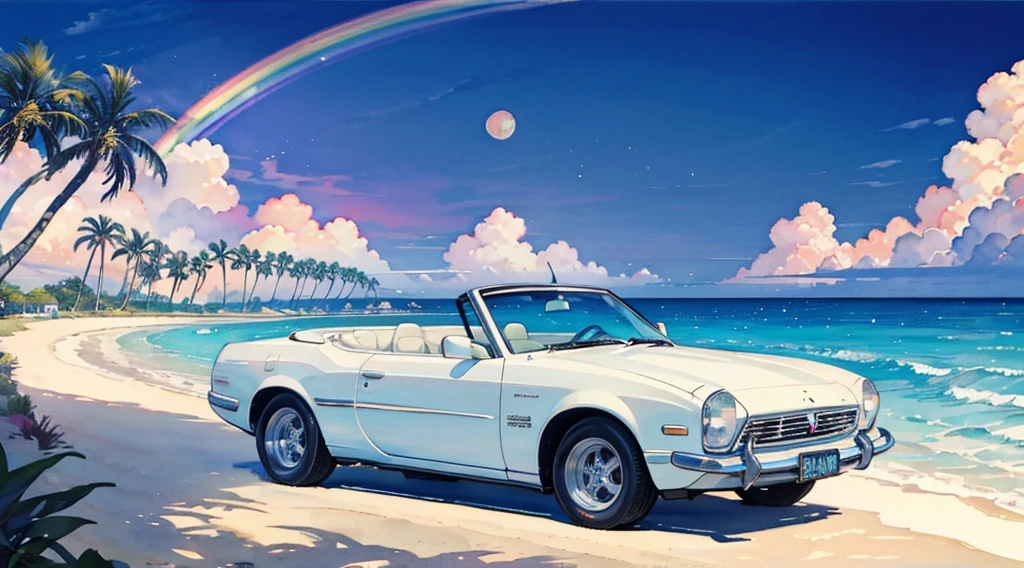 (watercolor), rainbow sky, big moon, beach, palm tree, white classic car, convertible