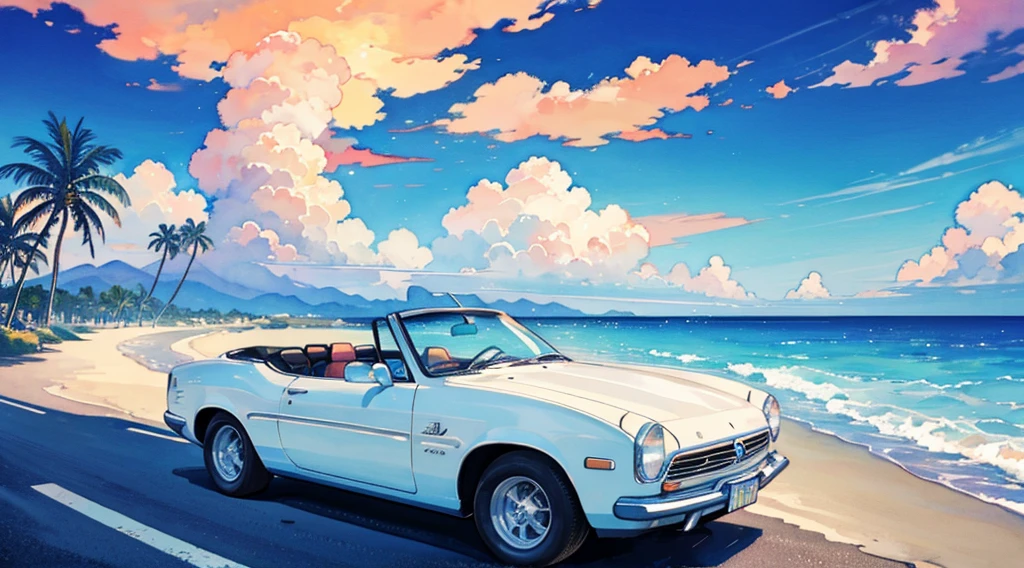(watercolor), rainbow sky, big moon, beach, palm tree, white classic car, convertible